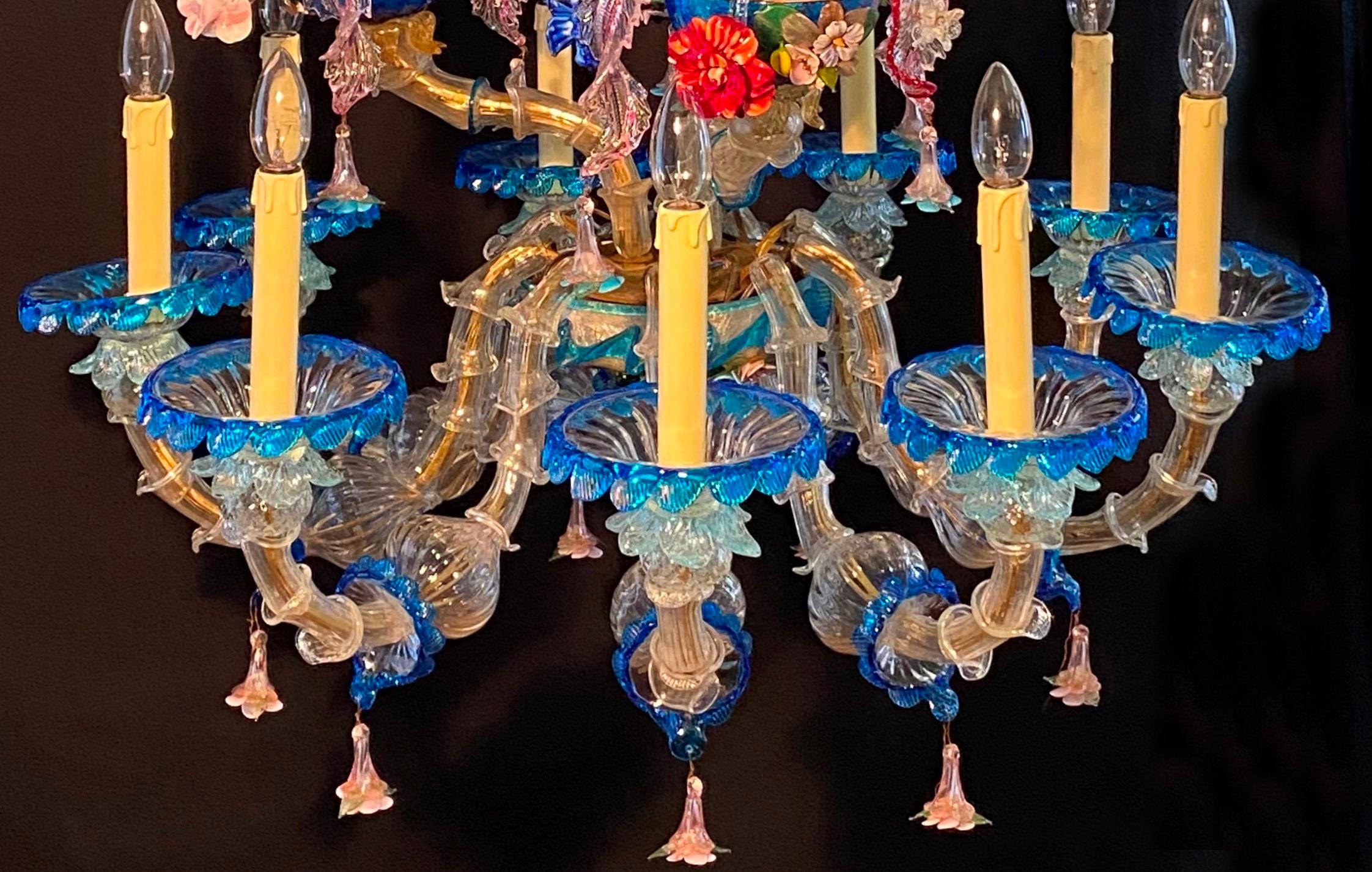 Antigua araña grande de 12 brazos de Murano Rezzonico Floral, Italia Principios de 1900 Vidrio en venta