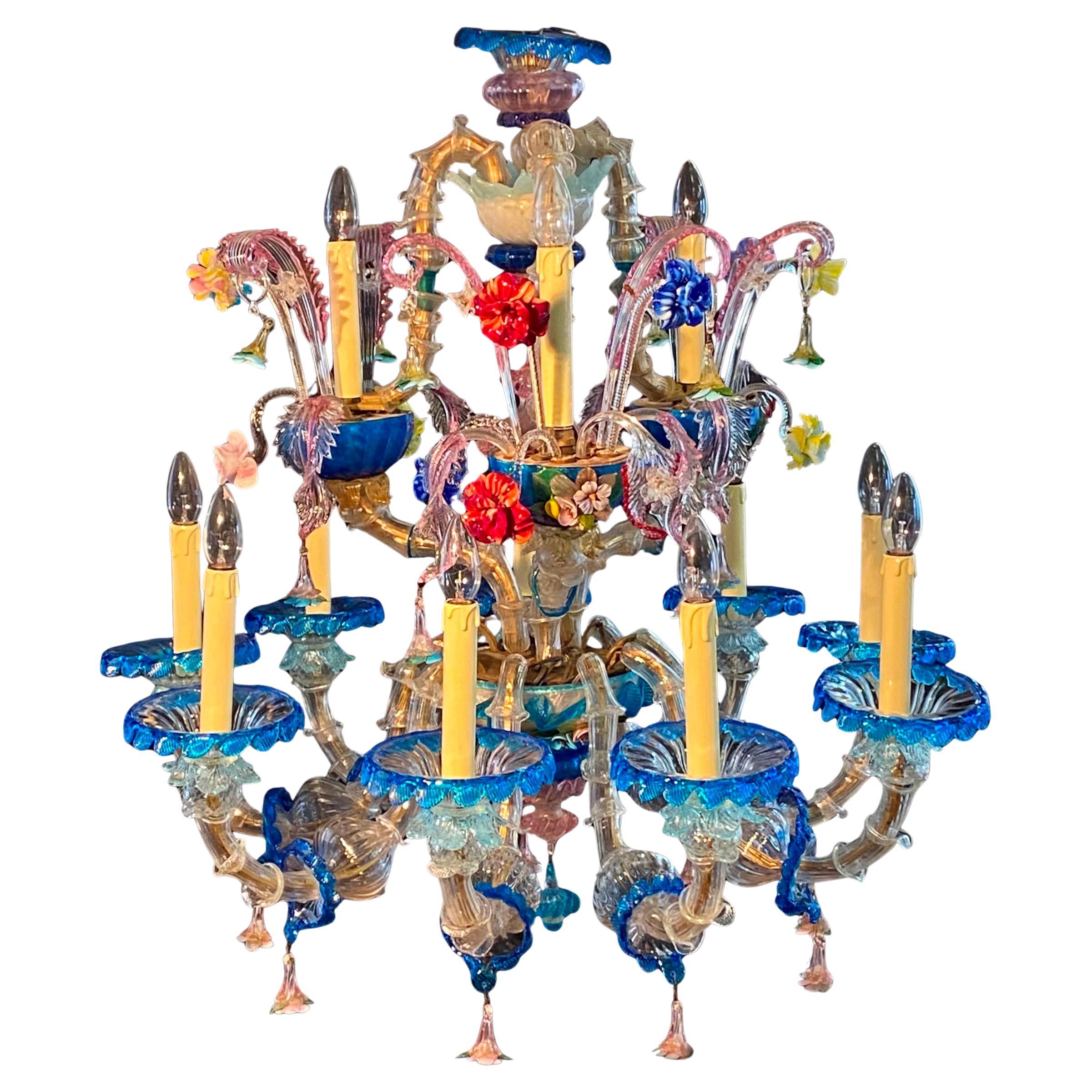 Antigua araña grande de 12 brazos de Murano Rezzonico Floral, Italia Principios de 1900 en venta
