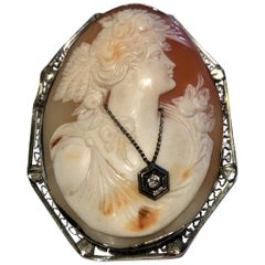 Antique Large 14K White Gold Cameo Woman Wearing Diamond Necklace Brooch Pendant