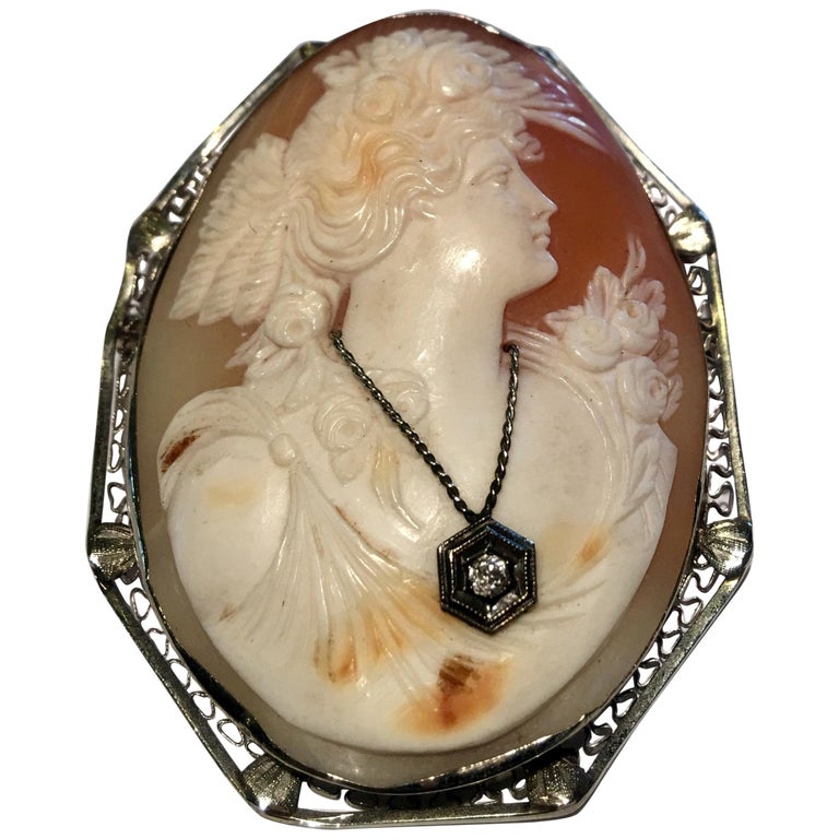 Antique Large 14K White Gold Cameo Woman Wearing Diamond Necklace