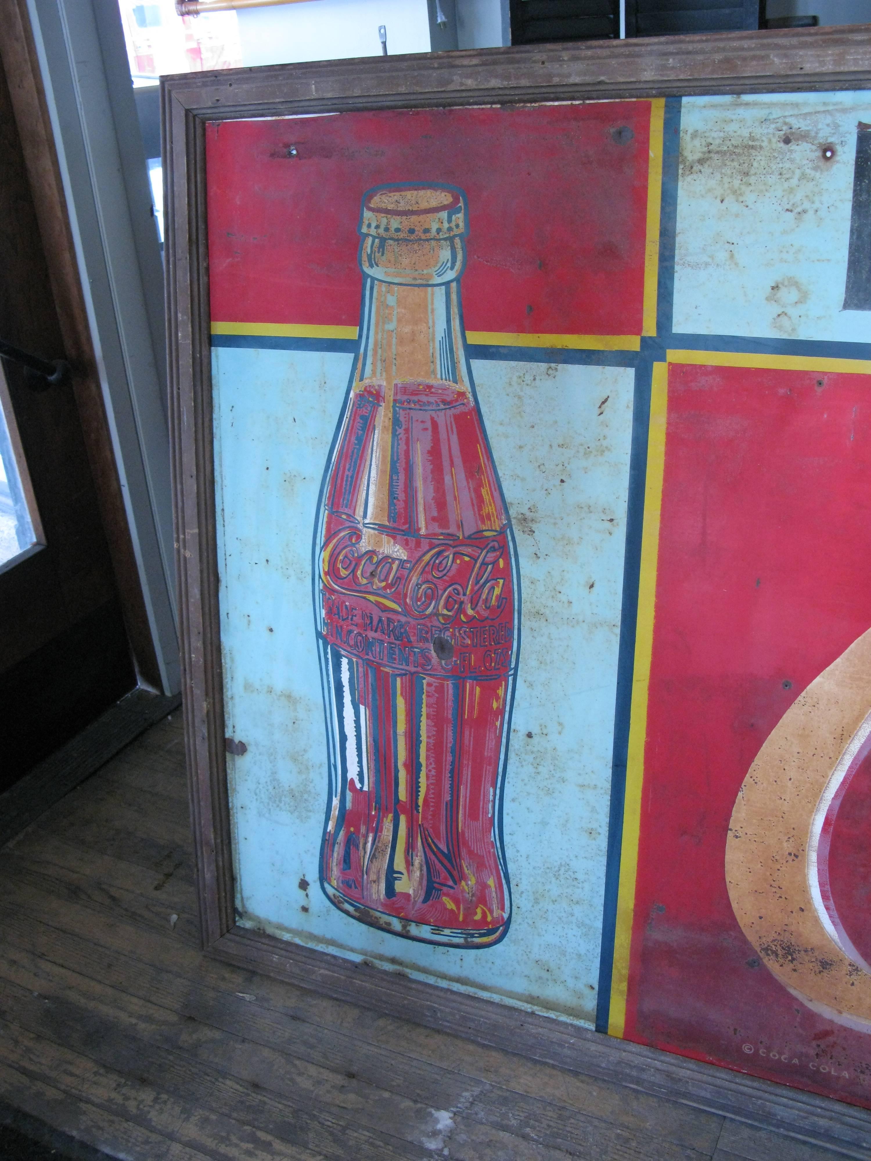 Américain Grande enseigne ancienne de Coca-Cola des années 1940:: peinte à la main:: 