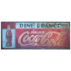 Grande enseigne ancienne de Coca-Cola des années 1940:: peinte à la main:: "Dine & Dance"