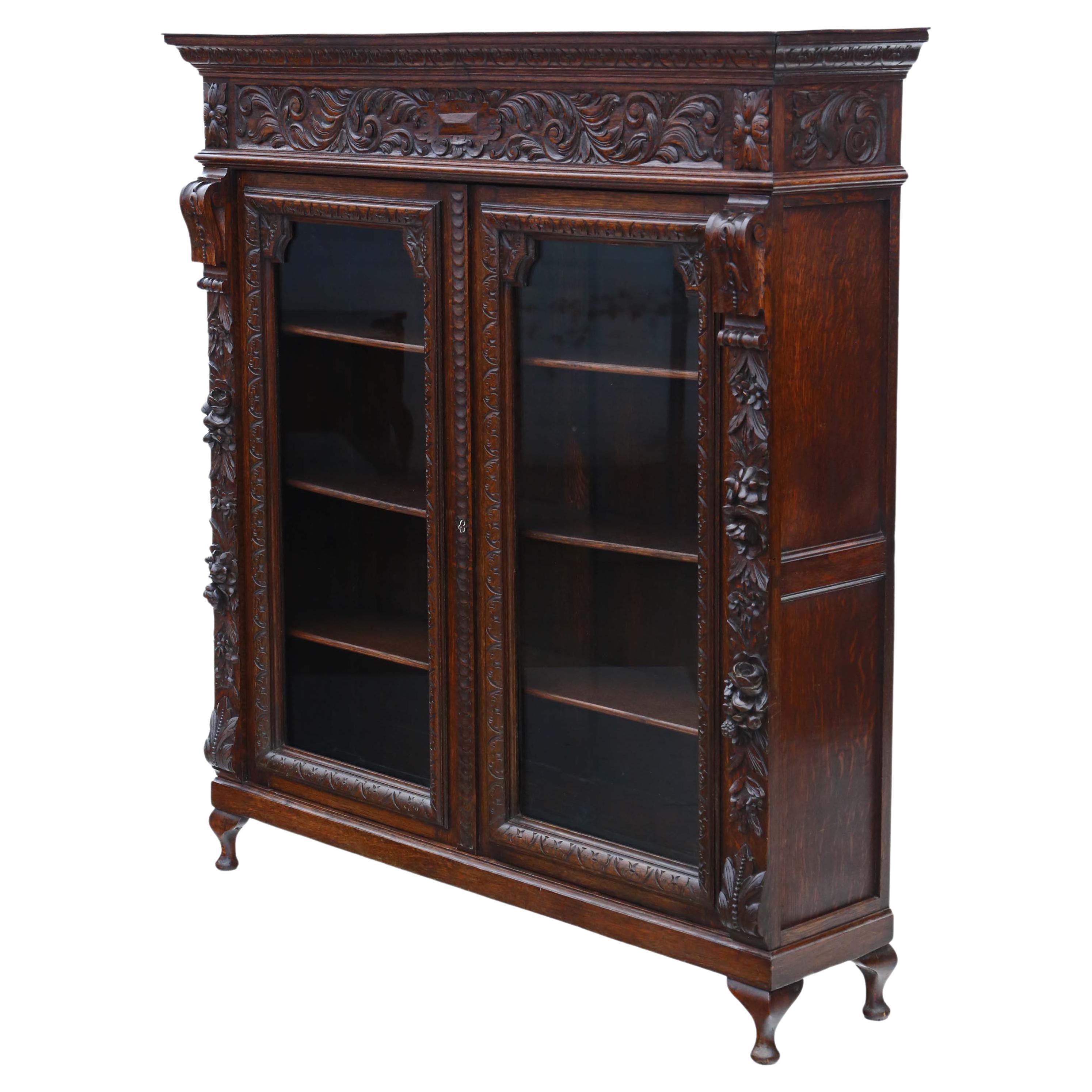 Antique Large 19th Century Carved Oak Glazed Bookcase