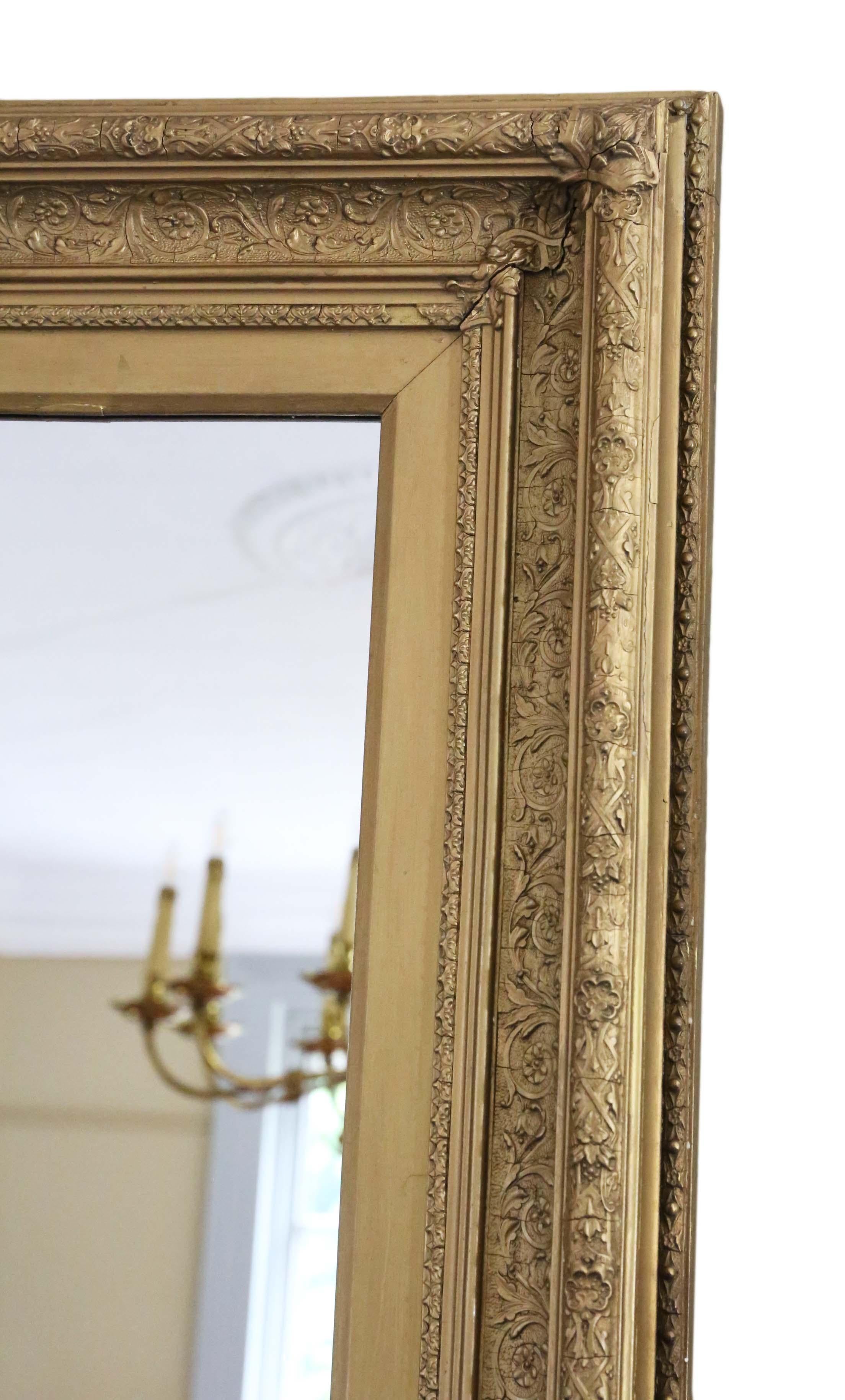 Antique large quality 19th Century gilt overmantle wall mirror. Lovely simplicity charm and elegance. Could be hung in portrait or landscape.

An impressive find, that would look amazing in the right location. No loose joints or woodworm.

Later