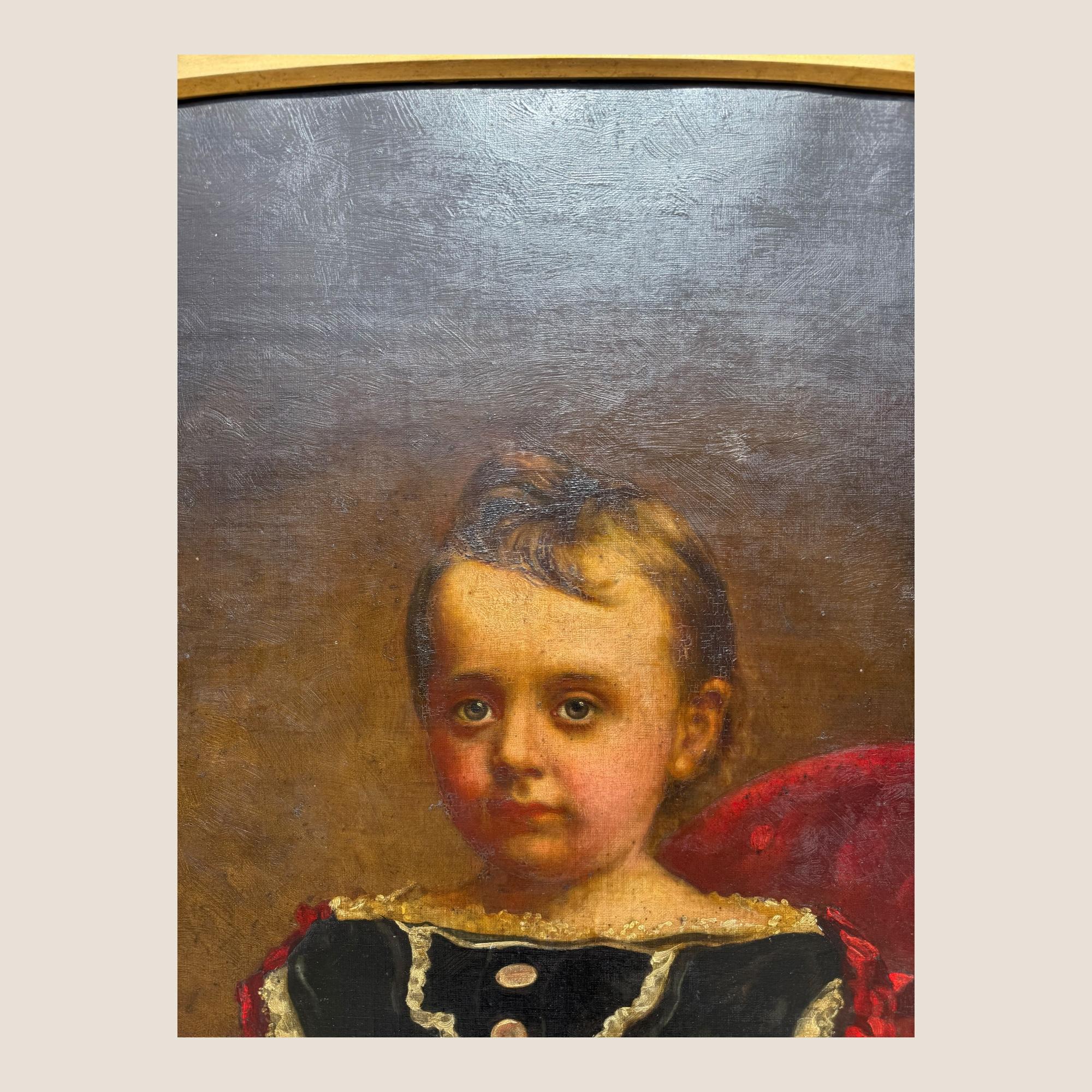 Grande peinture à l'huile ancienne du 19ème siècle Jeune fille Chaise rouge Cadre sculpté et doré en vente 2