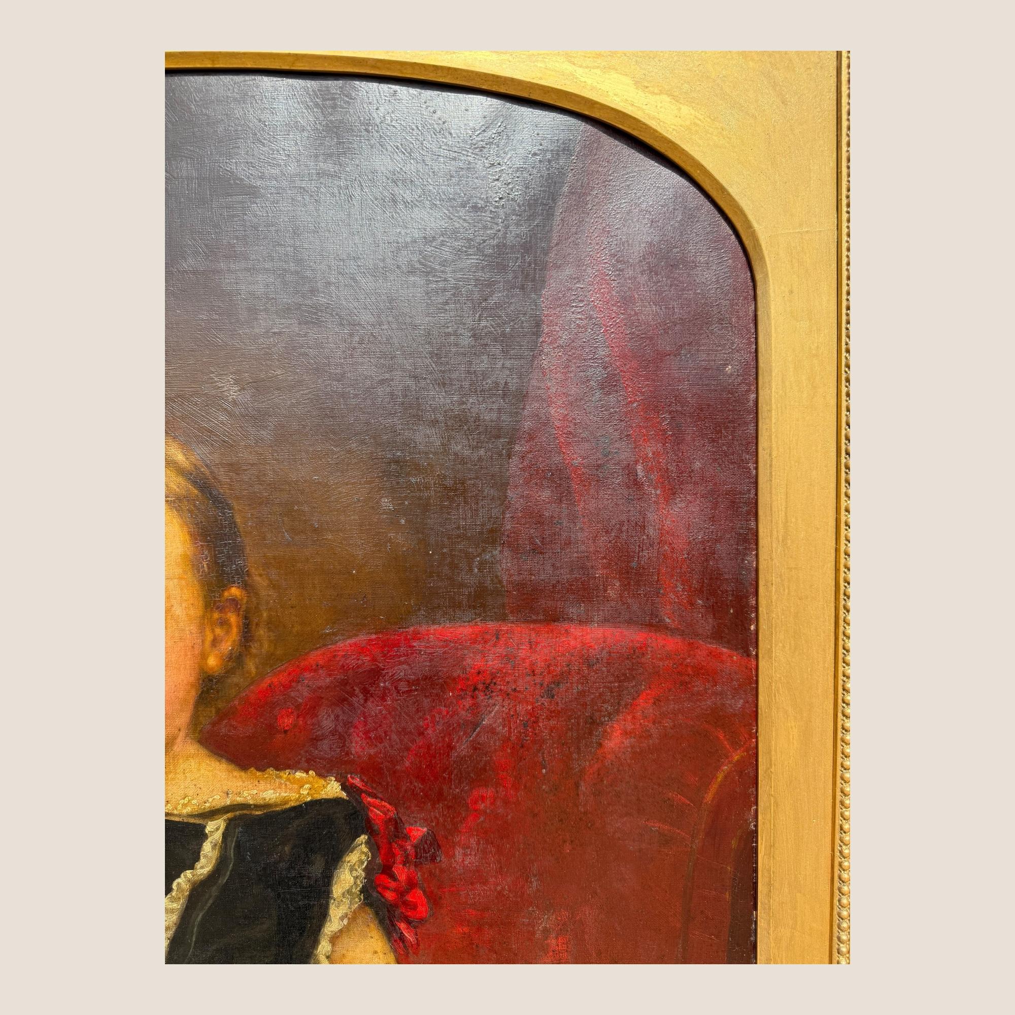 Grande peinture à l'huile ancienne du 19ème siècle Jeune fille Chaise rouge Cadre sculpté et doré en vente 3