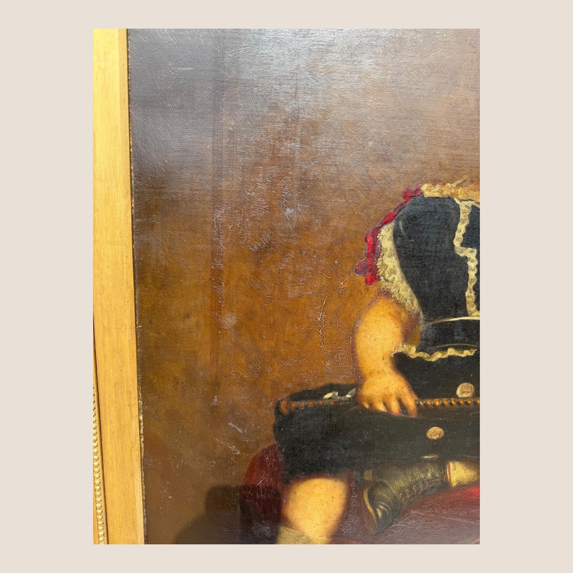 Grande peinture à l'huile ancienne du 19ème siècle Jeune fille Chaise rouge Cadre sculpté et doré en vente 4