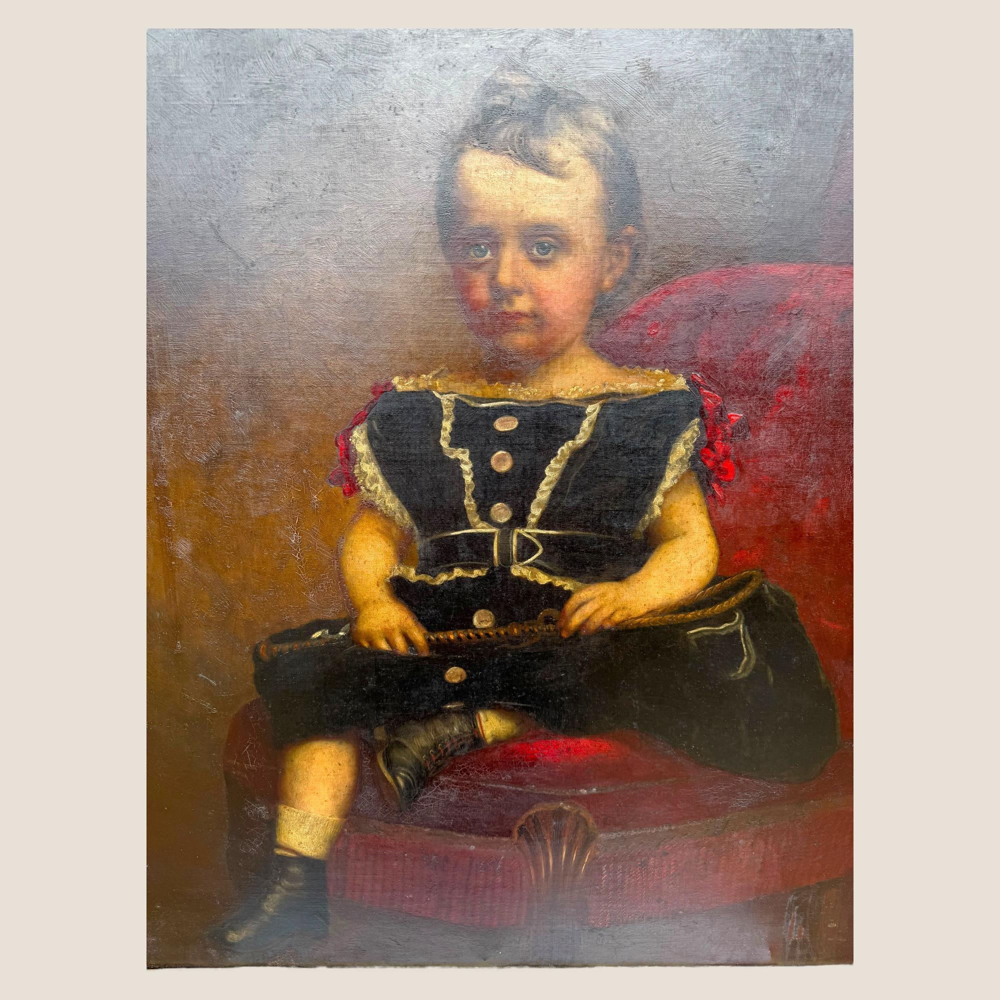Grande peinture à l'huile ancienne du 19ème siècle Jeune fille Chaise rouge Cadre sculpté et doré en vente 5
