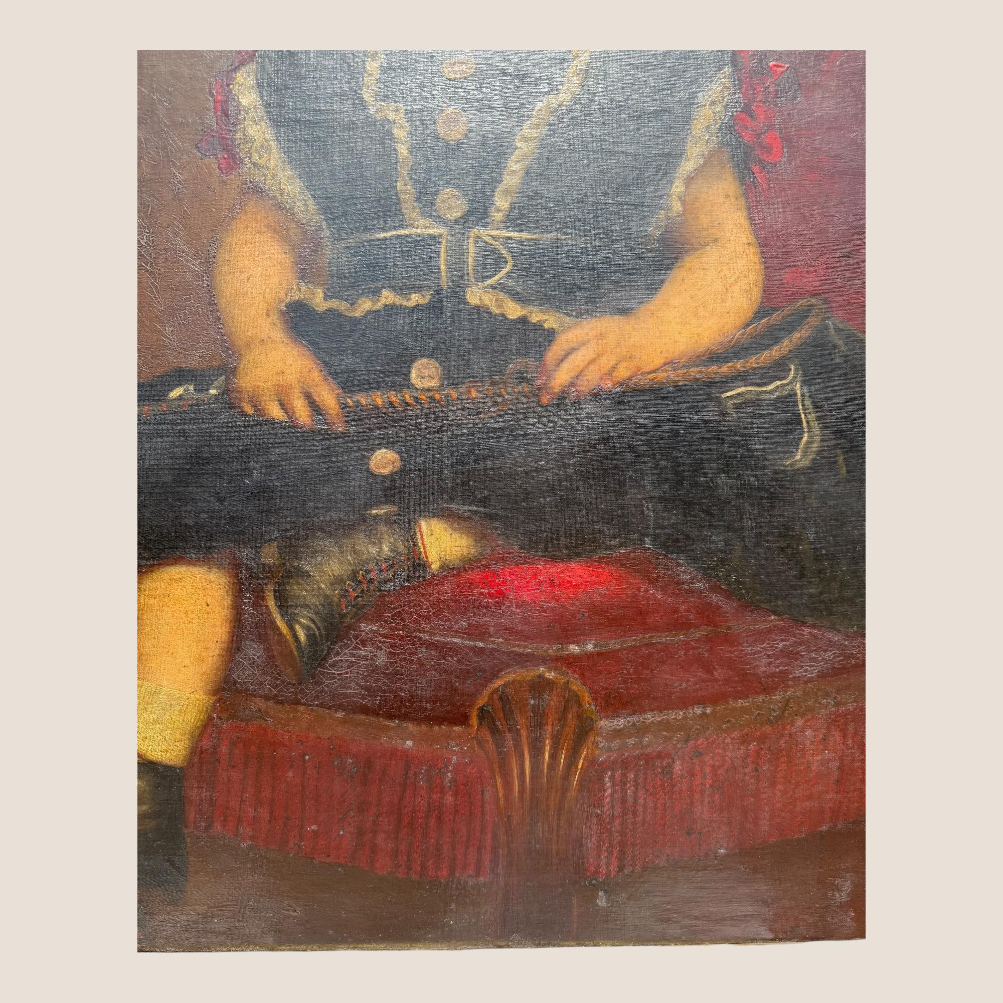 Grande peinture à l'huile ancienne du 19ème siècle Jeune fille Chaise rouge Cadre sculpté et doré en vente 6