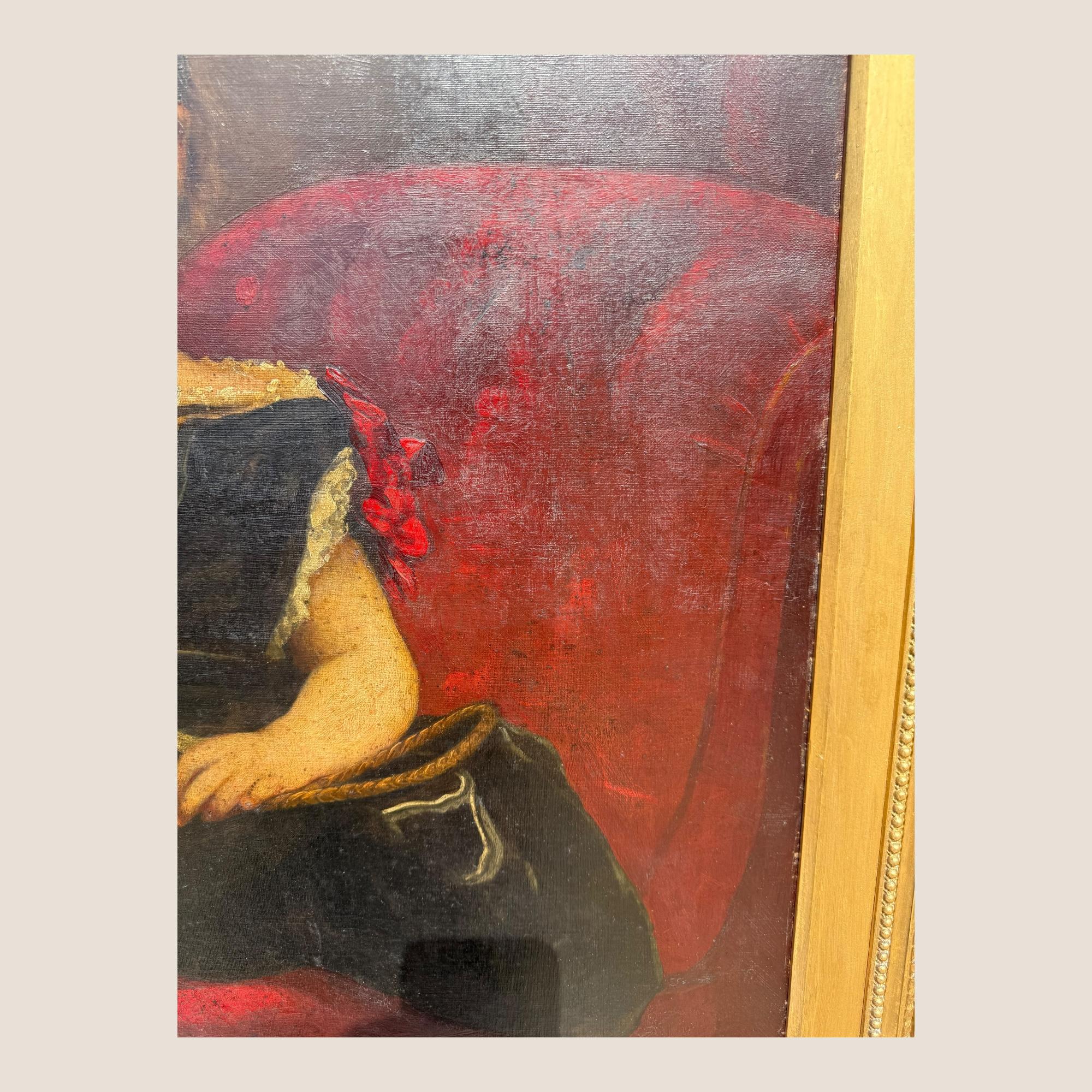 Grande peinture à l'huile ancienne du 19ème siècle Jeune fille Chaise rouge Cadre sculpté et doré en vente 7