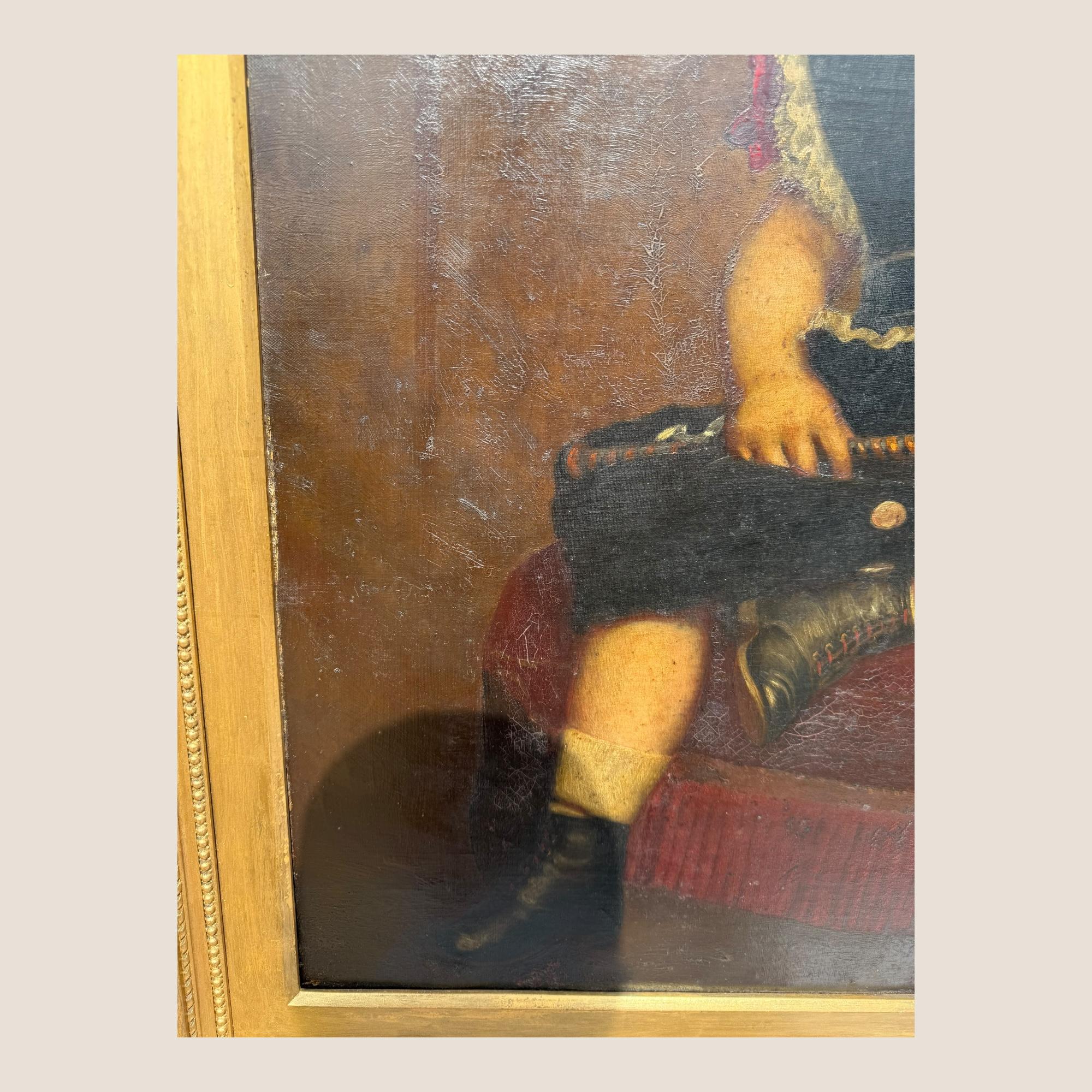Grande peinture à l'huile ancienne du 19ème siècle Jeune fille Chaise rouge Cadre sculpté et doré en vente 8