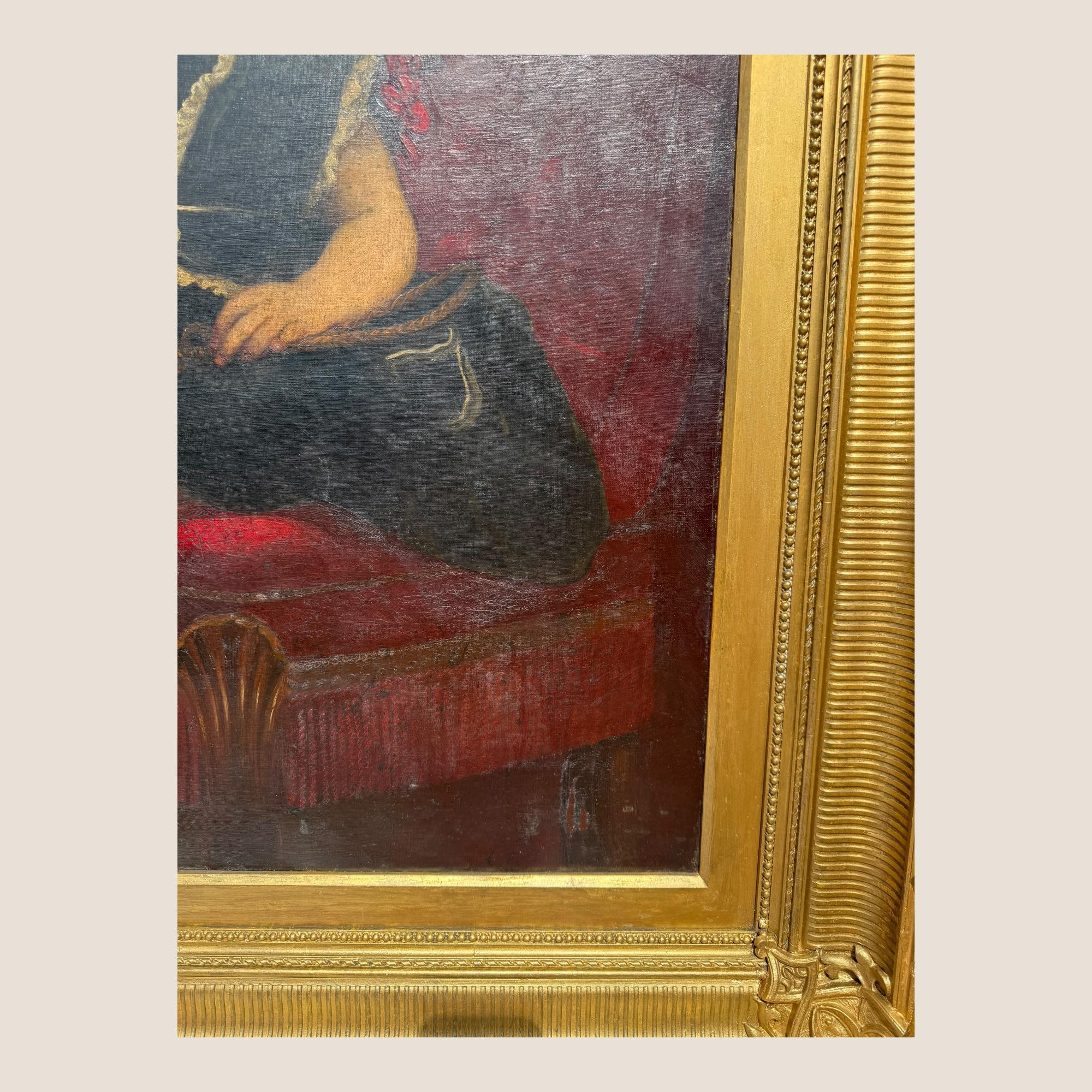Grande peinture à l'huile ancienne du 19ème siècle Jeune fille Chaise rouge Cadre sculpté et doré en vente 9