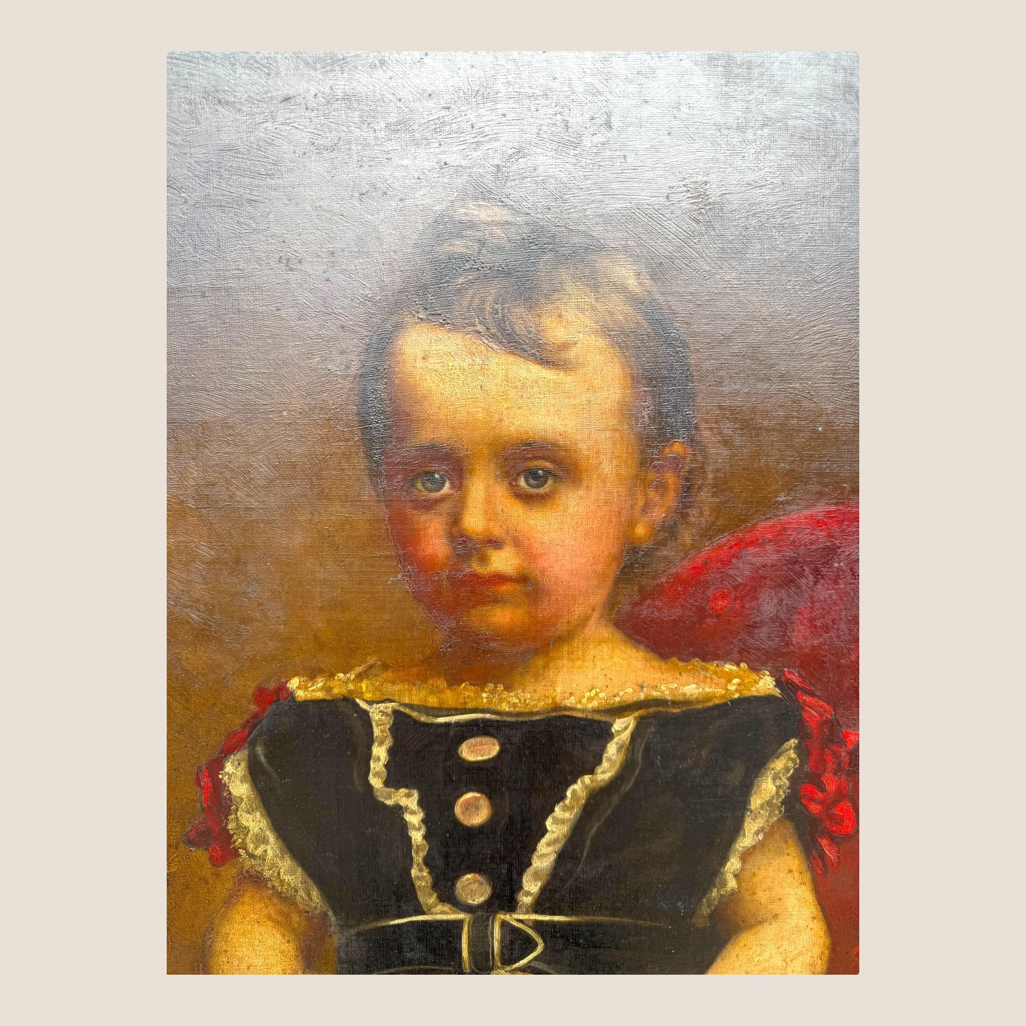 Grande peinture à l'huile ancienne du 19ème siècle Jeune fille Chaise rouge Cadre sculpté et doré en vente 10