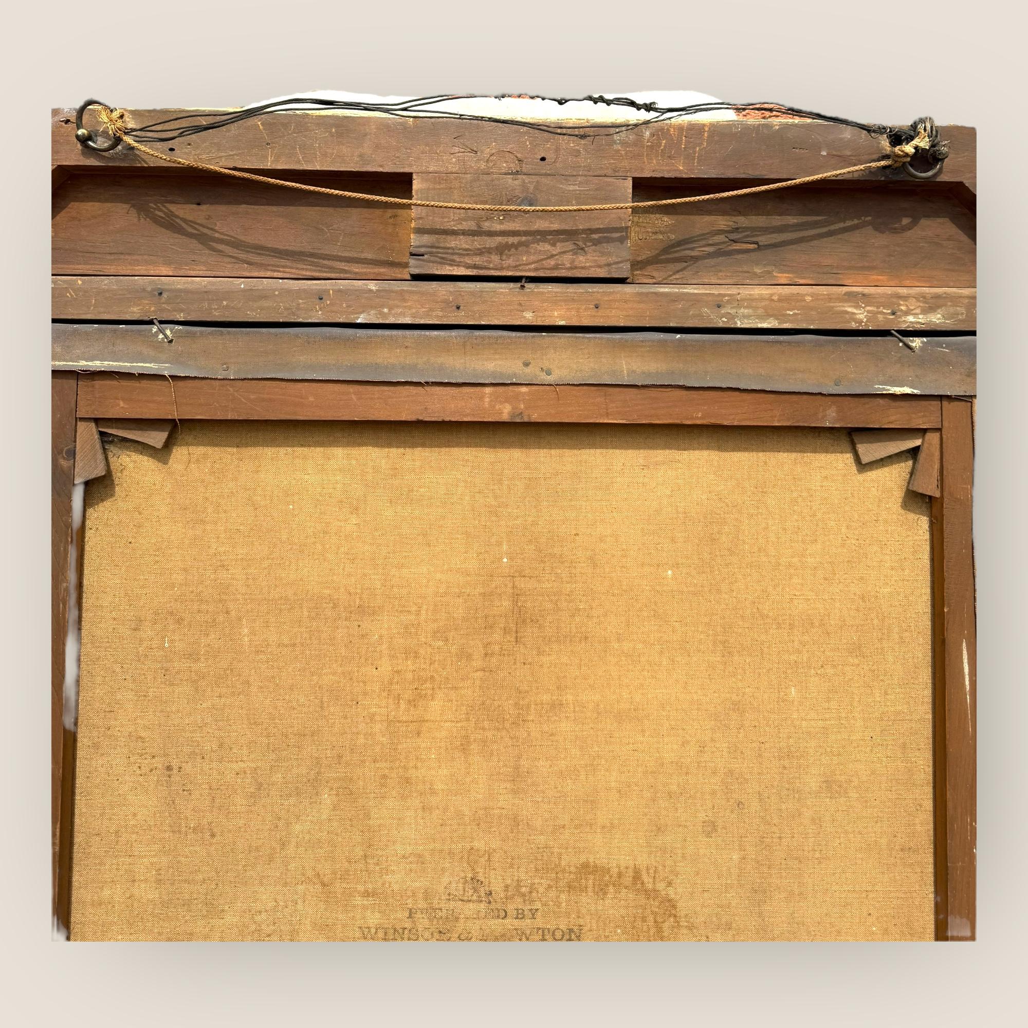 Grande peinture à l'huile ancienne du 19ème siècle Jeune fille Chaise rouge Cadre sculpté et doré en vente 12