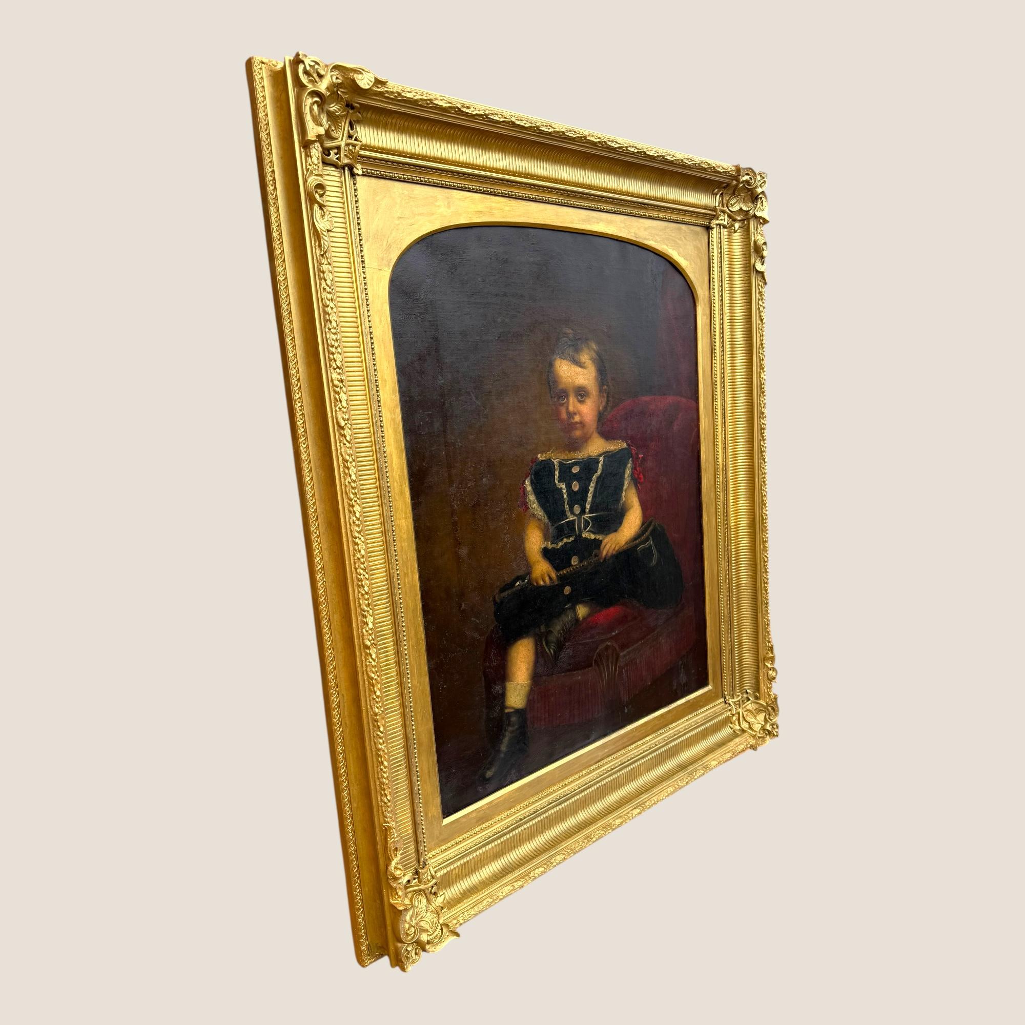 Victorien Grande peinture à l'huile ancienne du 19ème siècle Jeune fille Chaise rouge Cadre sculpté et doré en vente