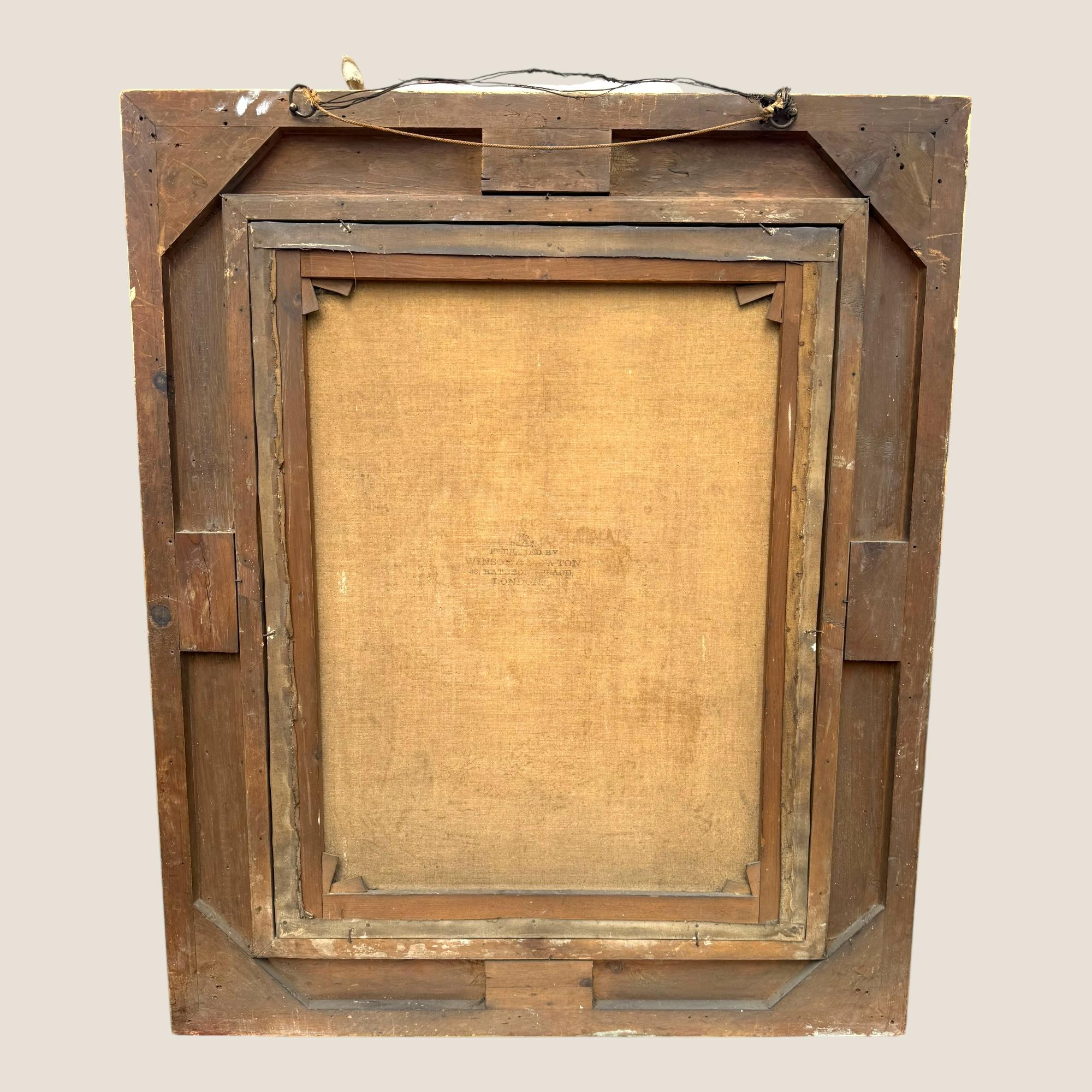 Européen Grande peinture à l'huile ancienne du 19ème siècle Jeune fille Chaise rouge Cadre sculpté et doré en vente