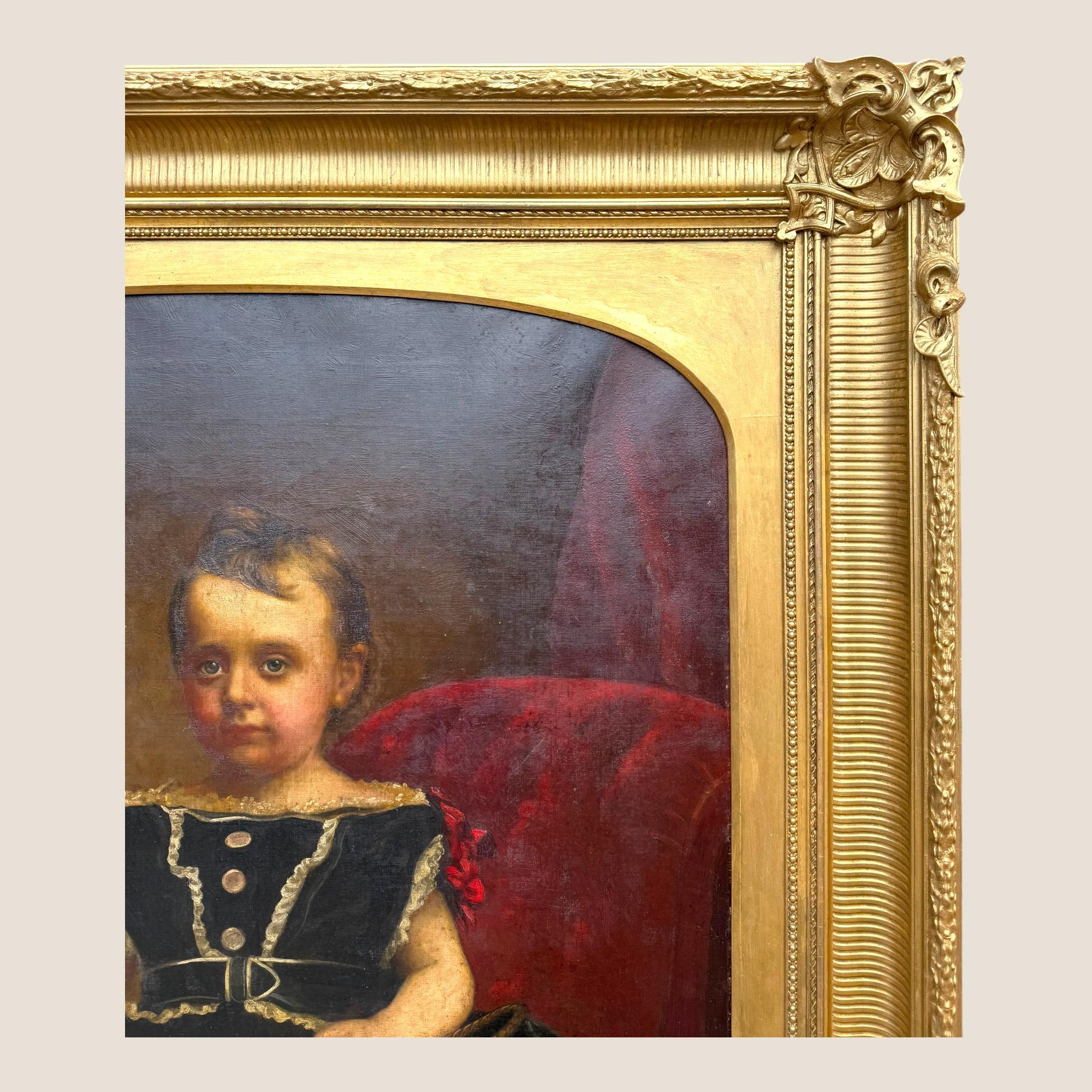 Grande peinture à l'huile ancienne du 19ème siècle Jeune fille Chaise rouge Cadre sculpté et doré Bon état - En vente à King's Lynn, GB