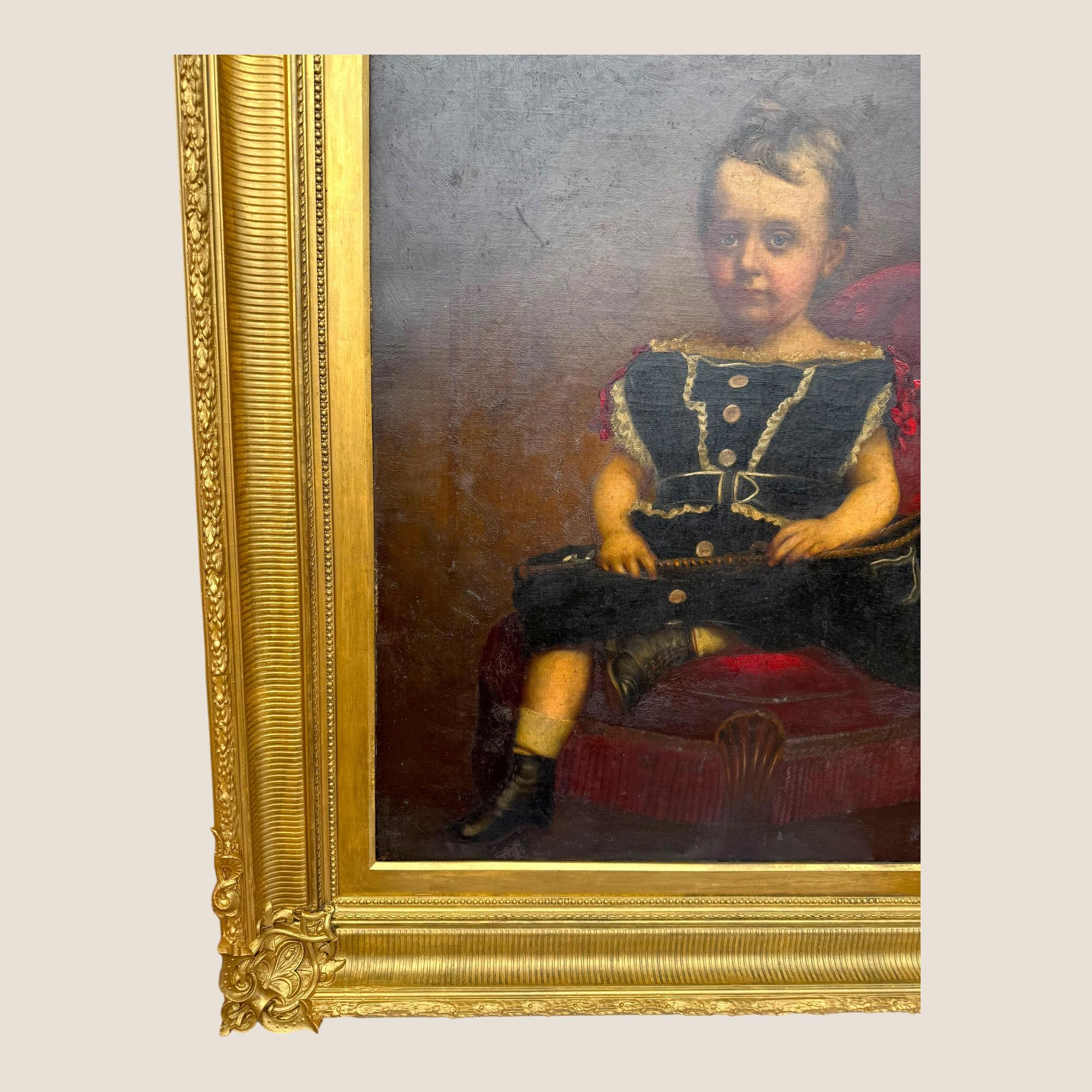 XIXe siècle Grande peinture à l'huile ancienne du 19ème siècle Jeune fille Chaise rouge Cadre sculpté et doré en vente
