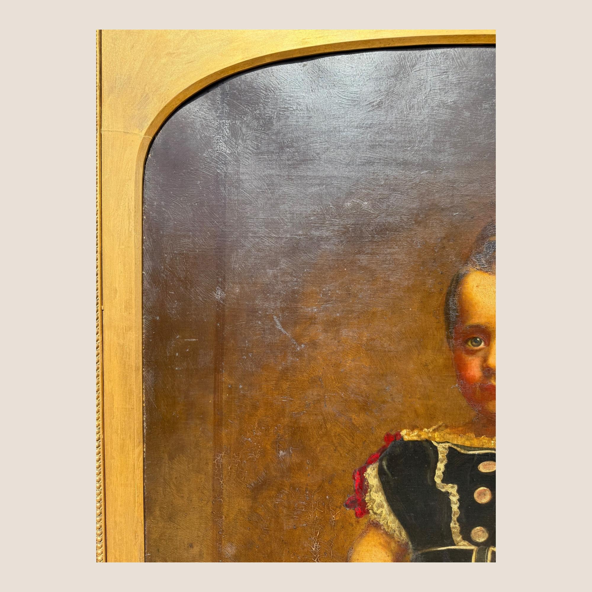 Grande peinture à l'huile ancienne du 19ème siècle Jeune fille Chaise rouge Cadre sculpté et doré en vente 1
