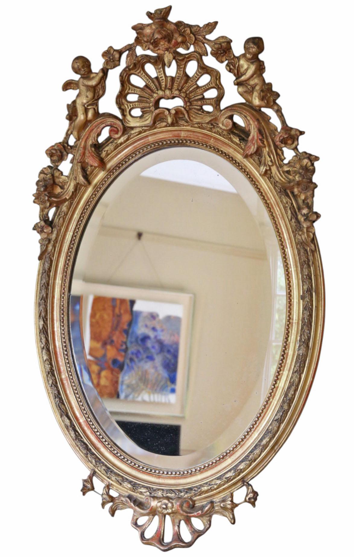 Antique Grand miroir mural ovale à trumeau doré du 19ème siècle - Haute qualité Bon état - En vente à Wisbech, Cambridgeshire