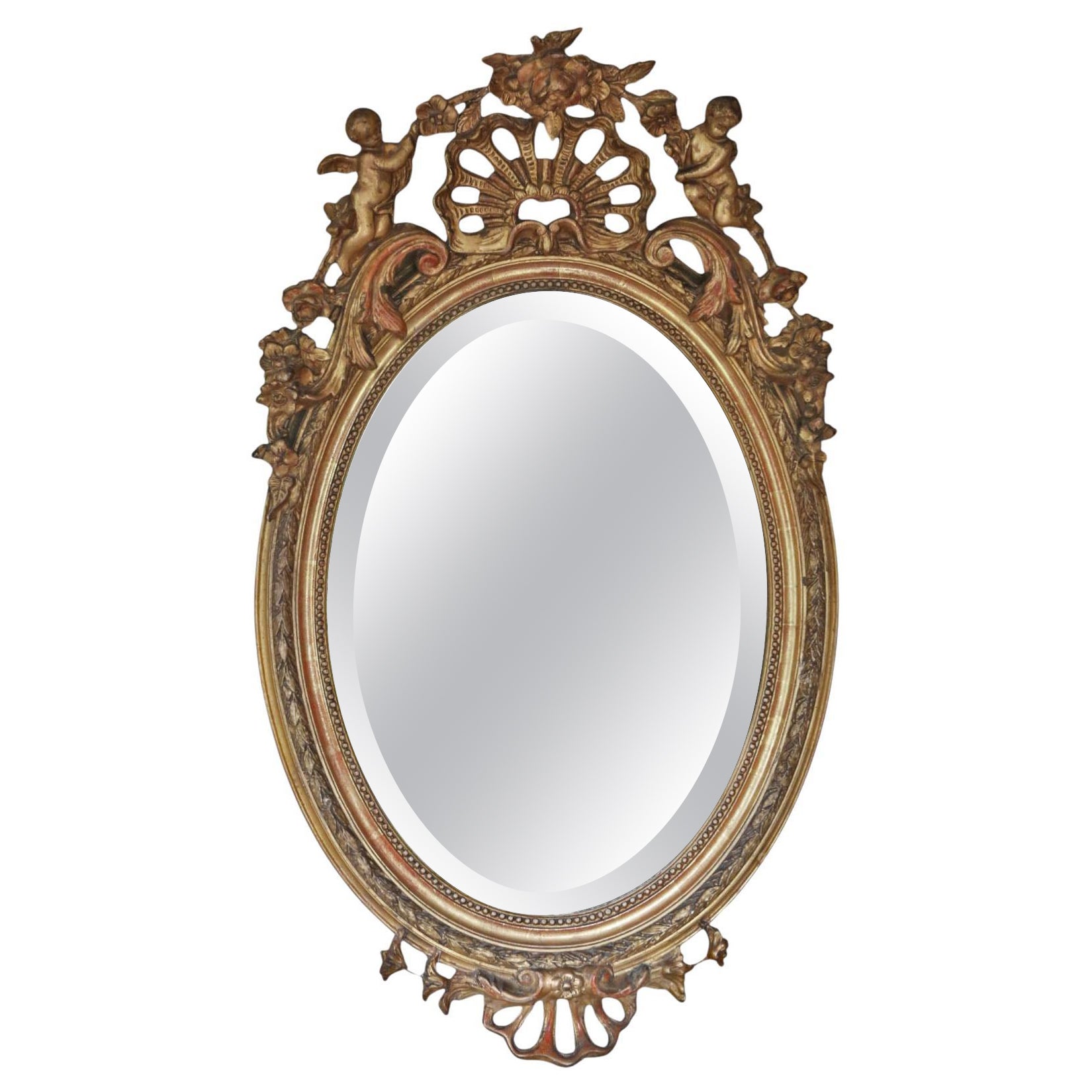 Antique Grand miroir mural ovale à trumeau doré du 19ème siècle - Haute qualité