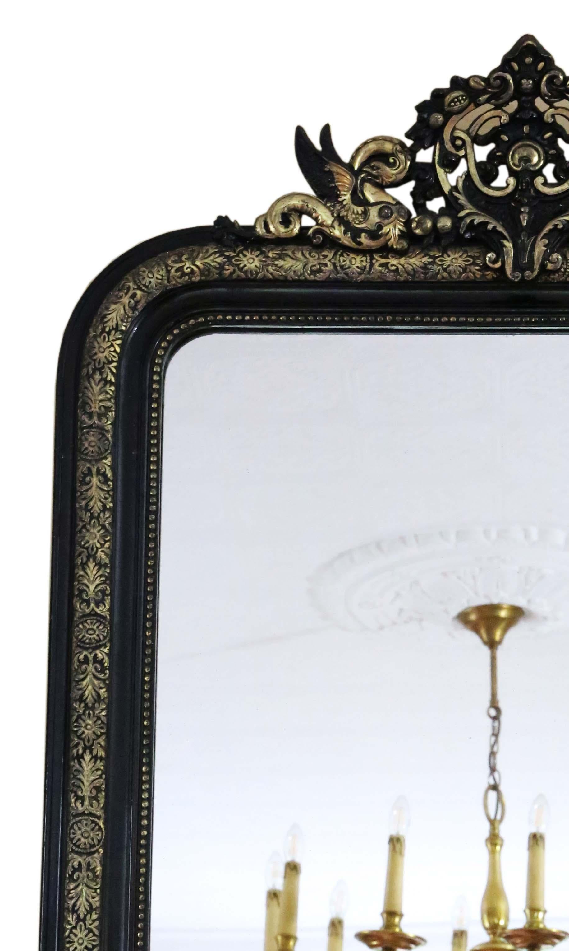 Glass  Antique large 19th Century quality ebonised and gilt overmantle wall mirror For Sale
