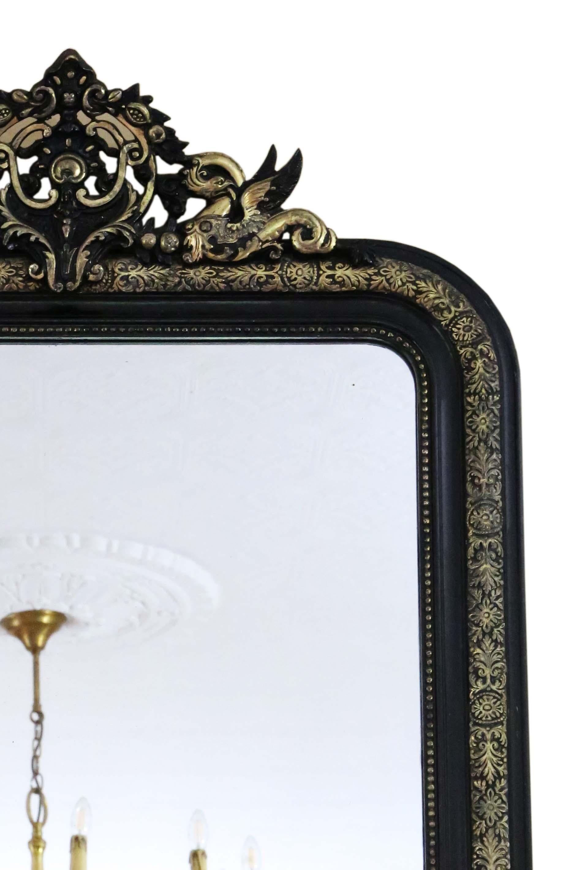  Antique large 19th Century quality ebonised and gilt overmantle wall mirror For Sale 1