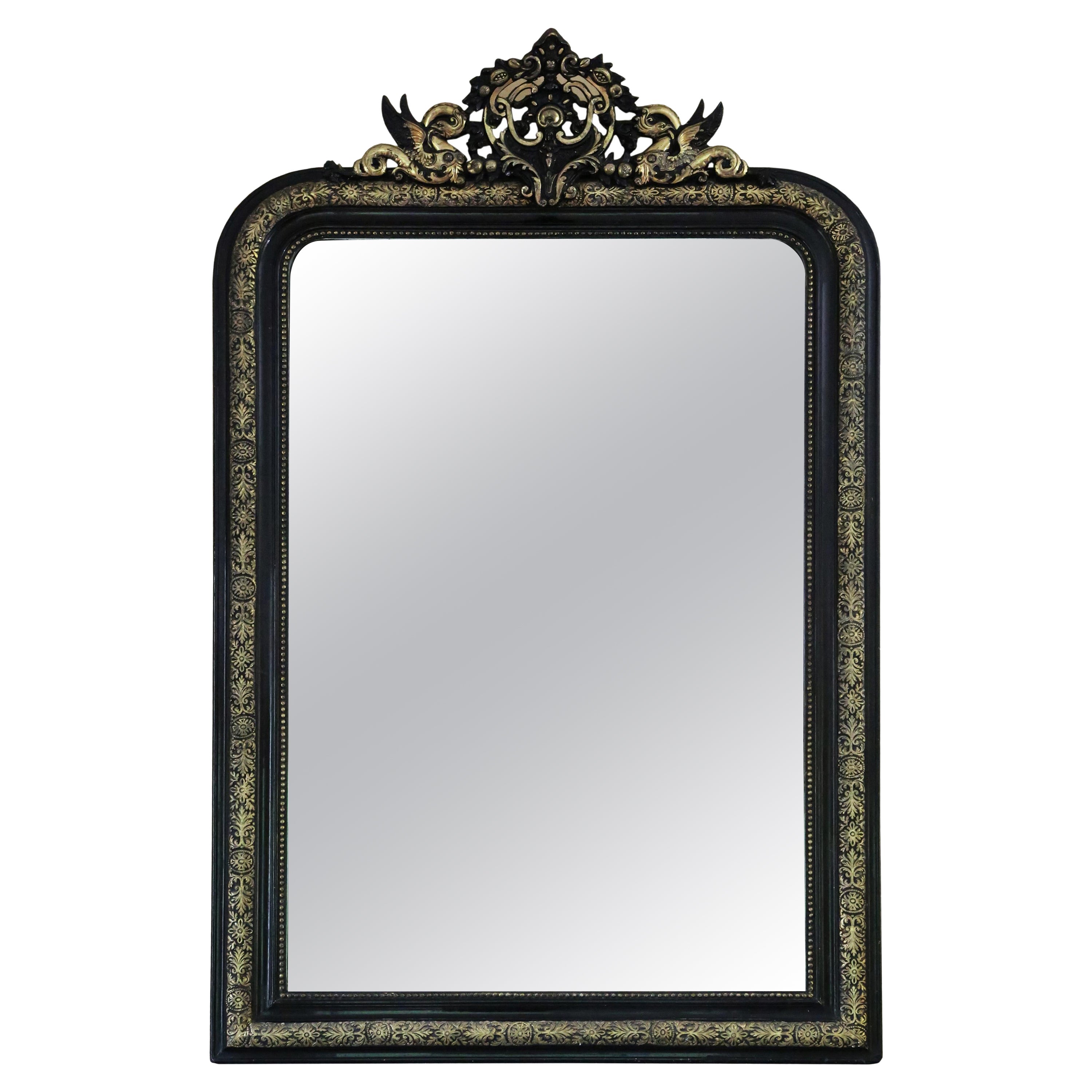 Grand miroir mural ancien du 19ème siècle, ébénisé et doré