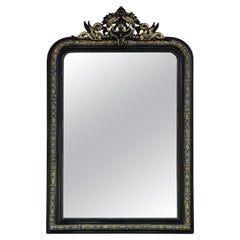 Grand miroir mural ancien du 19ème siècle, ébénisé et doré