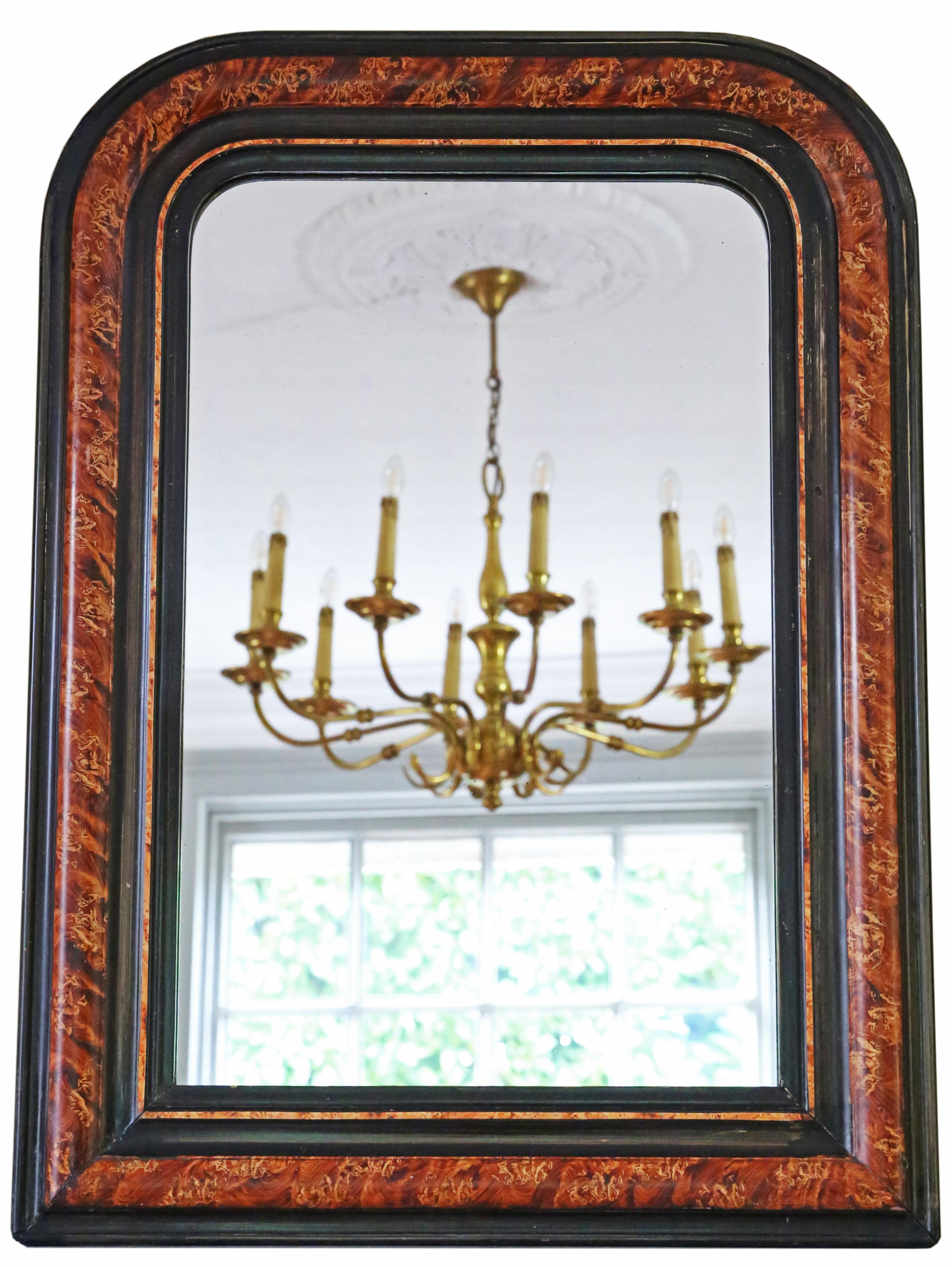 Superb large 19th Century faux tortoise shell and ebonised overmantle wall mirror, reflecting exquisite quality.

This enchanting and uncommon mirror distinguishes itself as a delightful and rare discovery, offering a distinctive touch that sets it