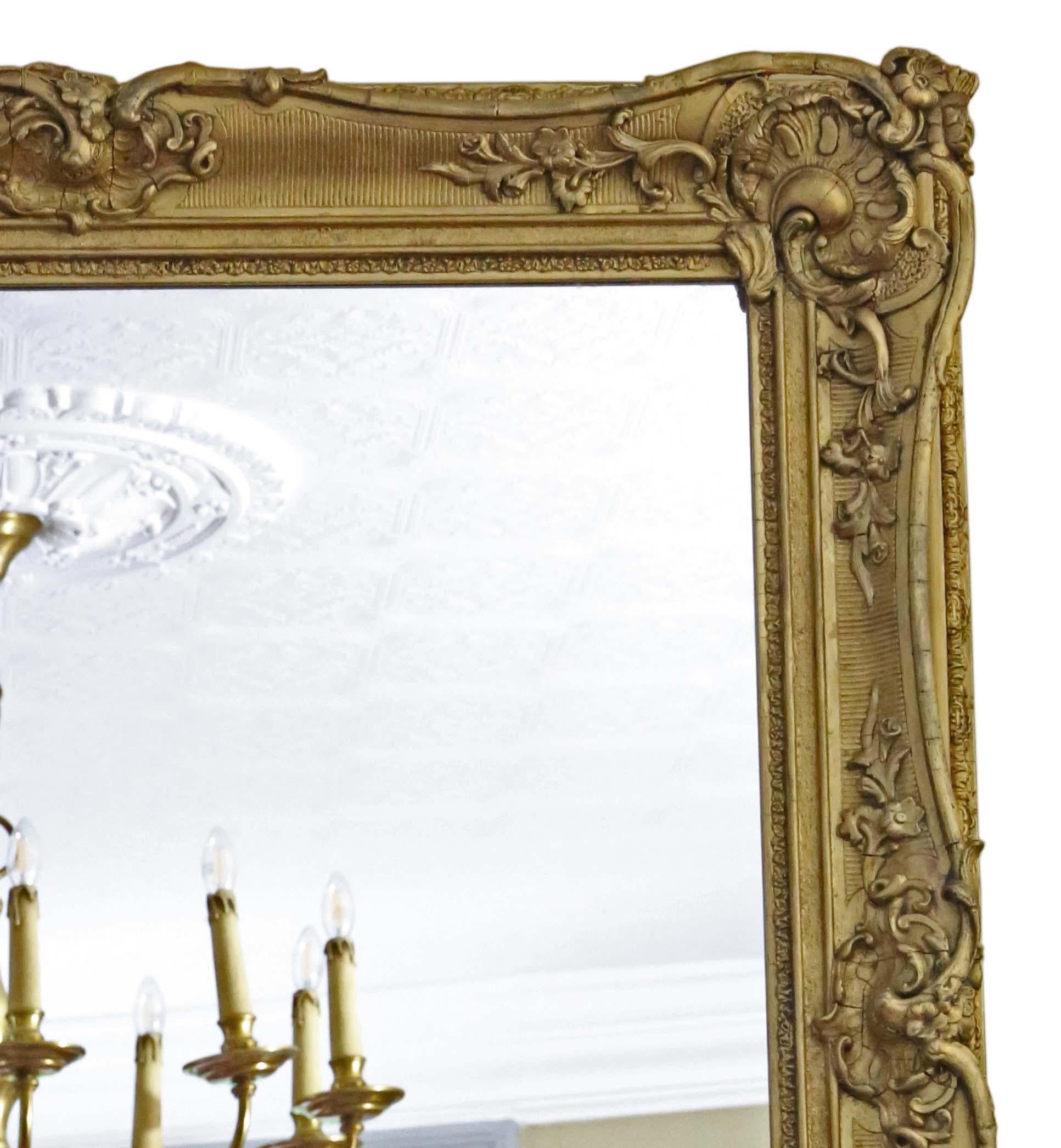 Glass  Antique large 19th Century quality gilt overmantle wall mirror For Sale