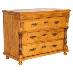 Antique Large 3 Drawer Pine Chest of Drawers with Half Column Details
