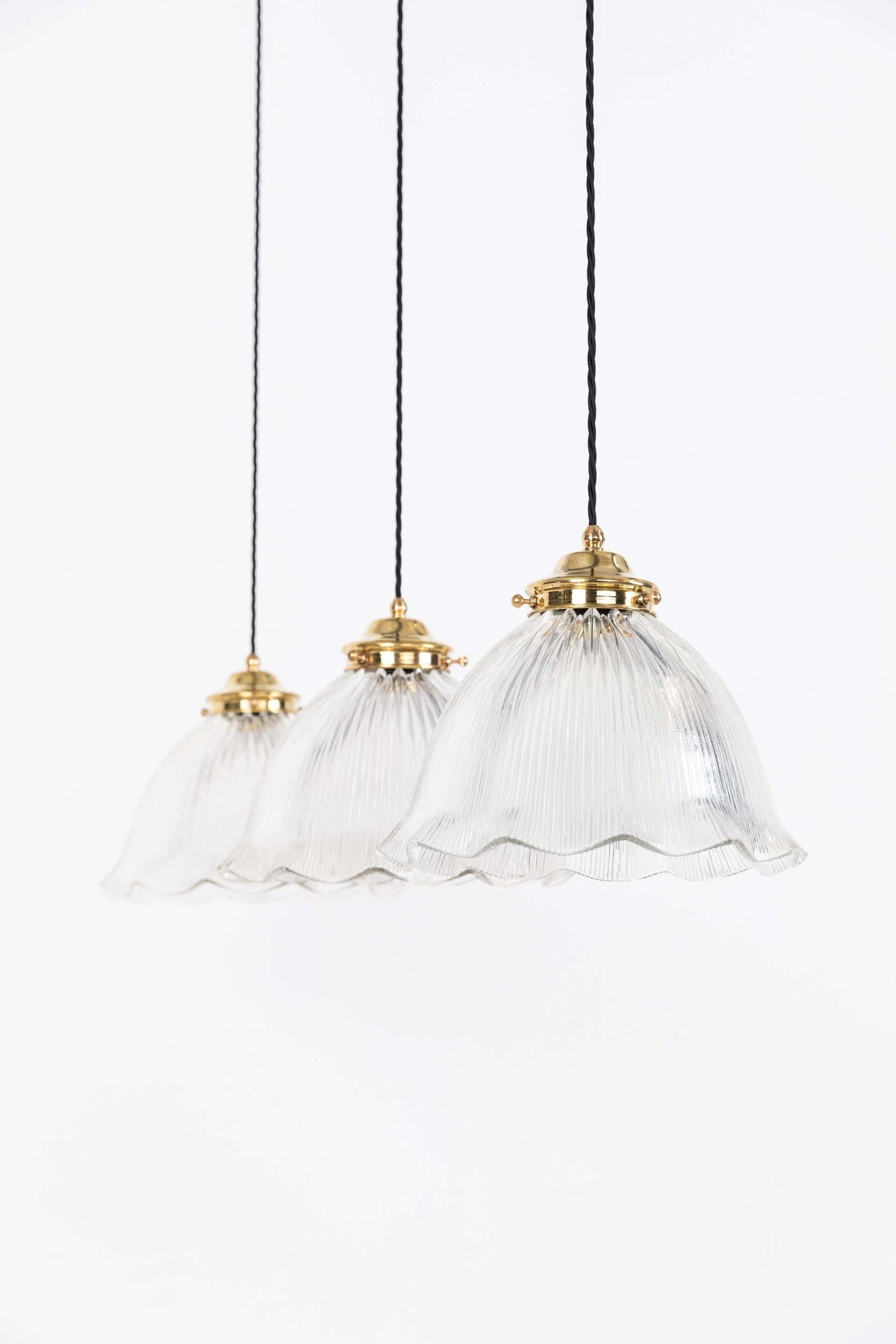 Antique Large 30cm Holophane Style Prismatic Frilly Glass Pendant Lights. c.1930