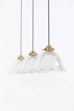 Antique Large 30cm Holophane Style Prismatic Frilly Glass Pendant Lights. c.1930