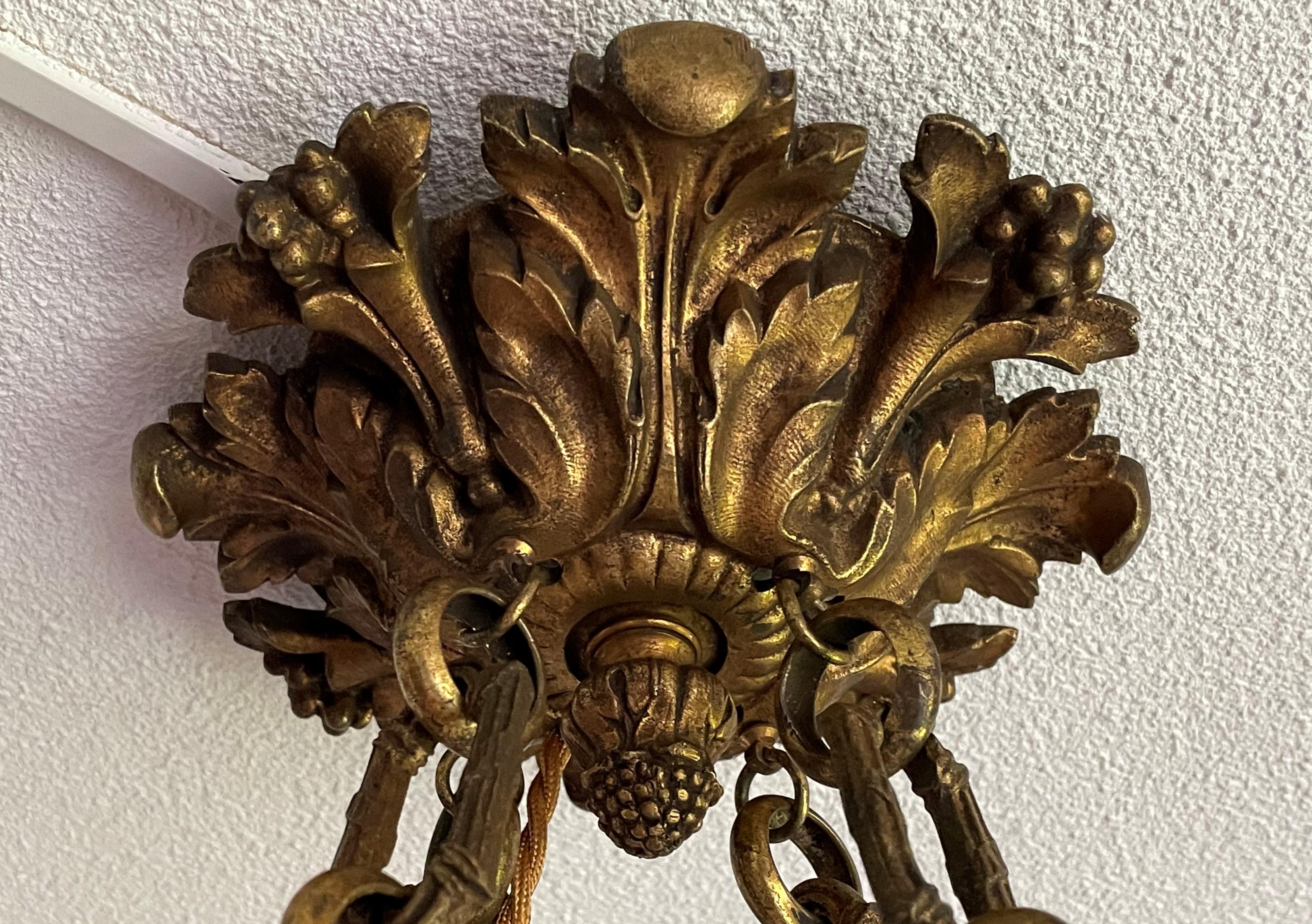 Antique Large 4 Light Alabaster & Gilt Bronze Chains & Roses Pendant Chandelier 3