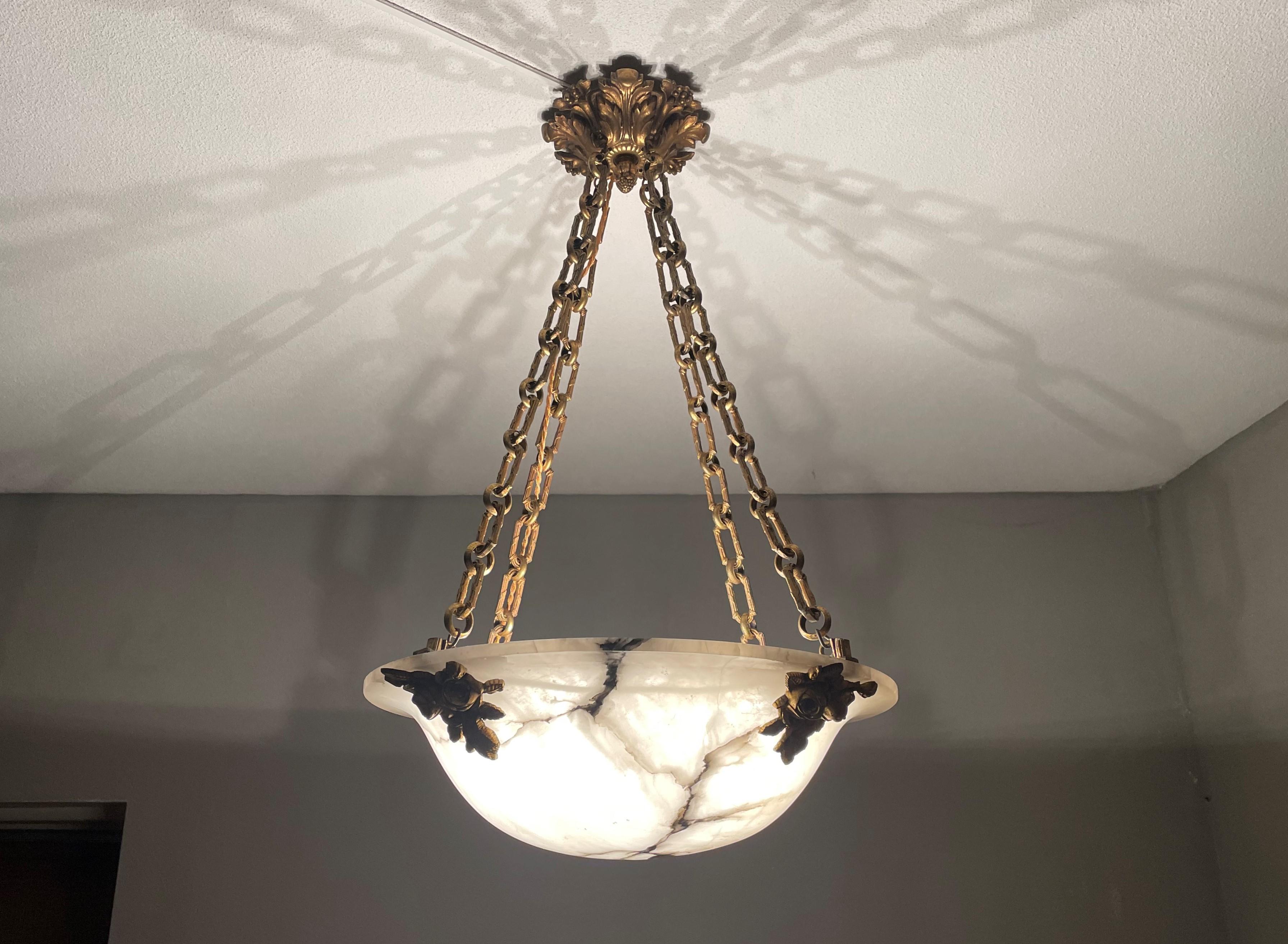 Antique Large 4 Light Alabaster & Gilt Bronze Chains & Roses Pendant Chandelier 4