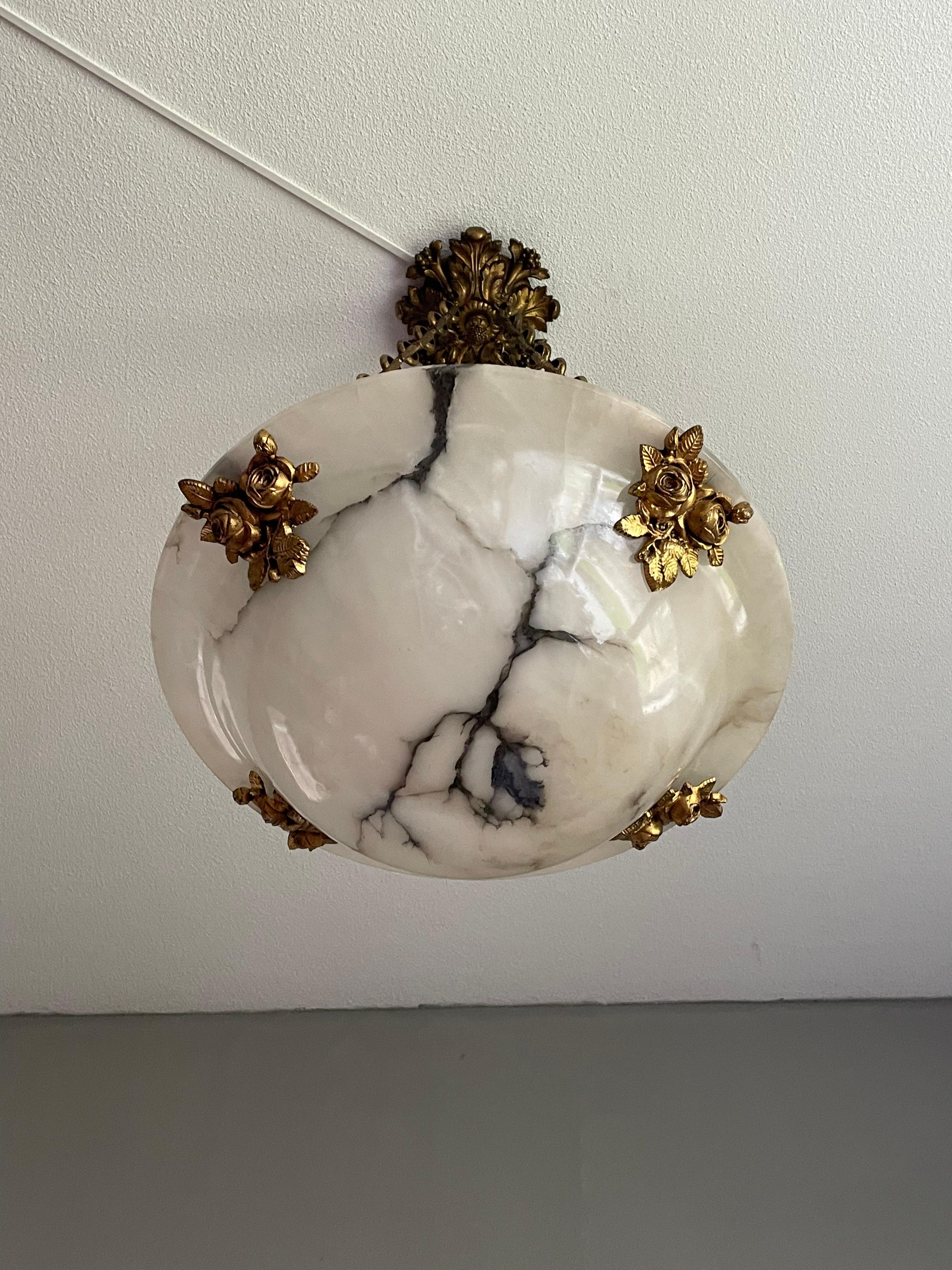 Antique Large 4 Light Alabaster & Gilt Bronze Chains & Roses Pendant Chandelier 5
