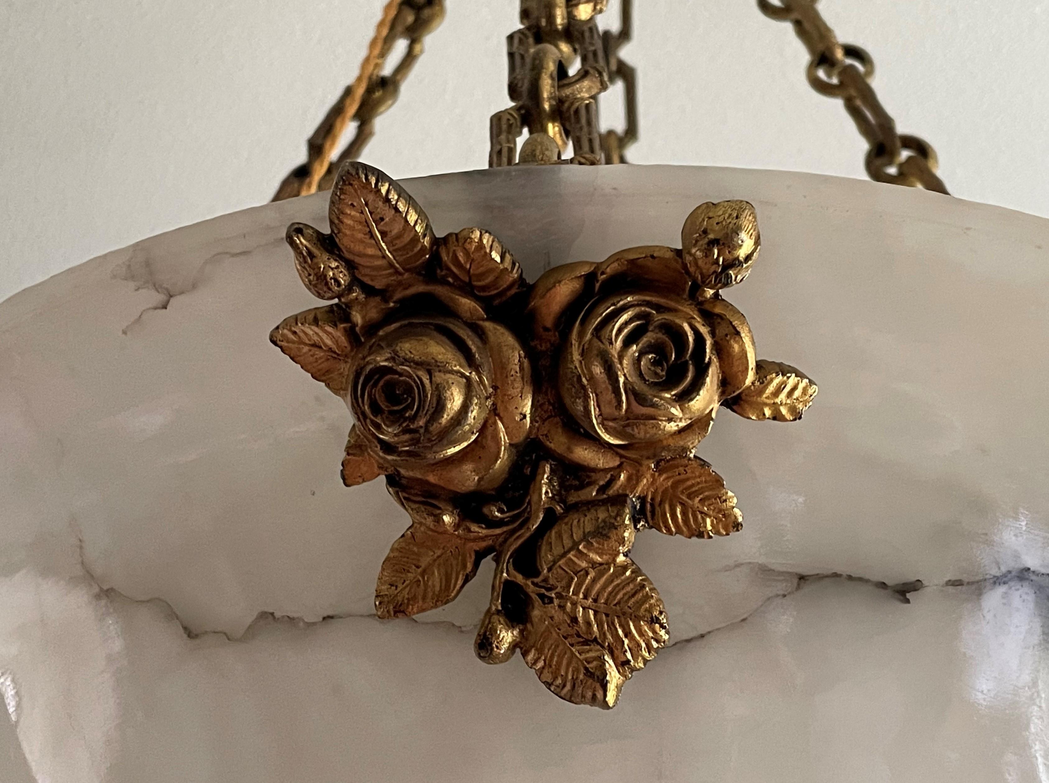 Antique Large 4 Light Alabaster & Gilt Bronze Chains & Roses Pendant Chandelier 6