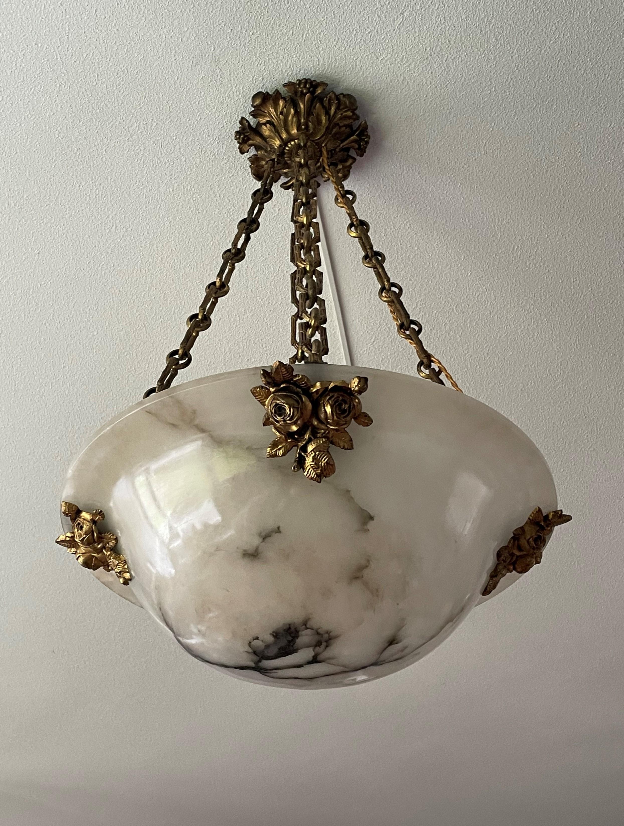 Antique Large 4 Light Alabaster & Gilt Bronze Chains & Roses Pendant Chandelier 8