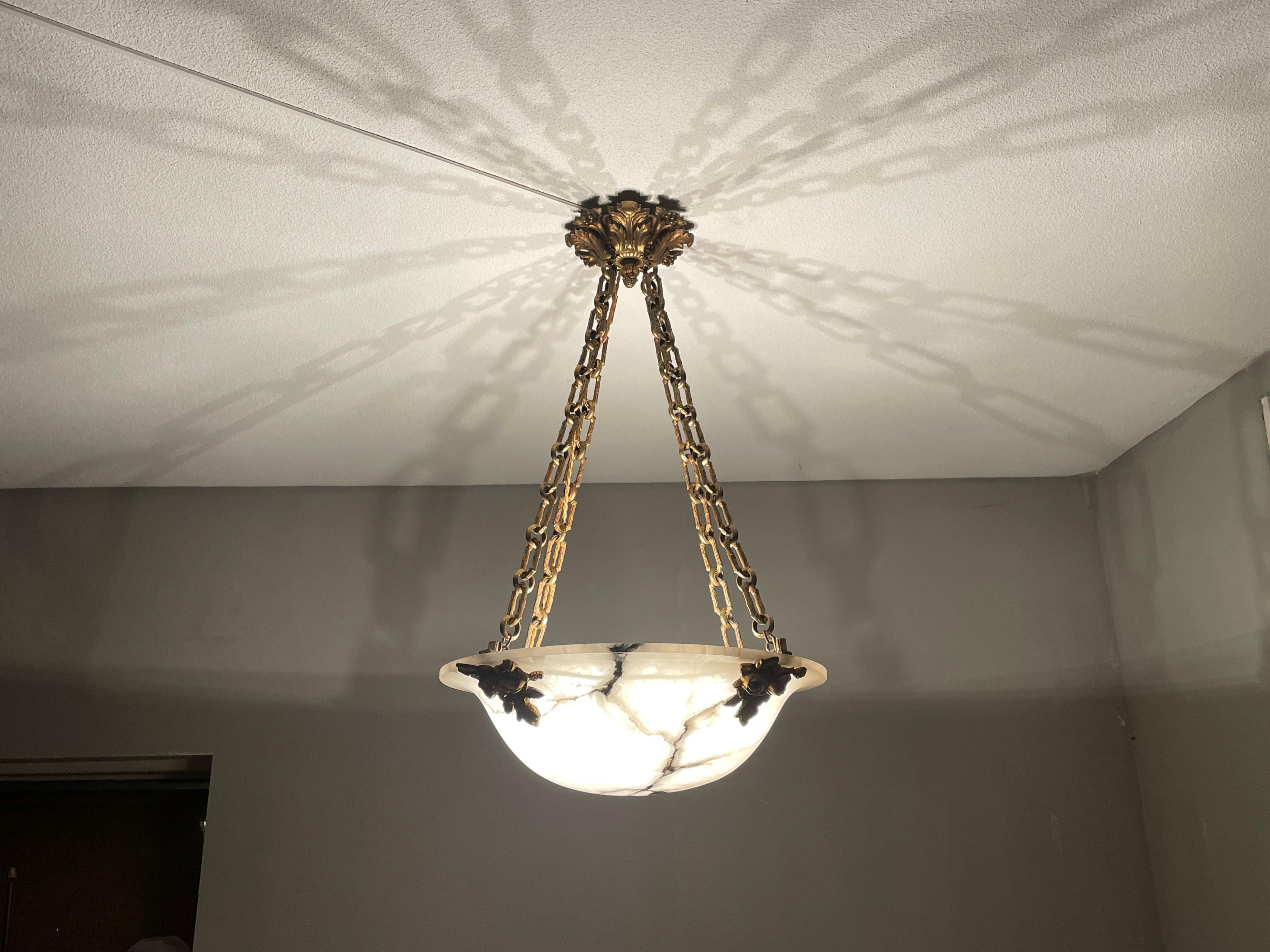 Antique Large 4 Light Alabaster & Gilt Bronze Chains & Roses Pendant Chandelier 10