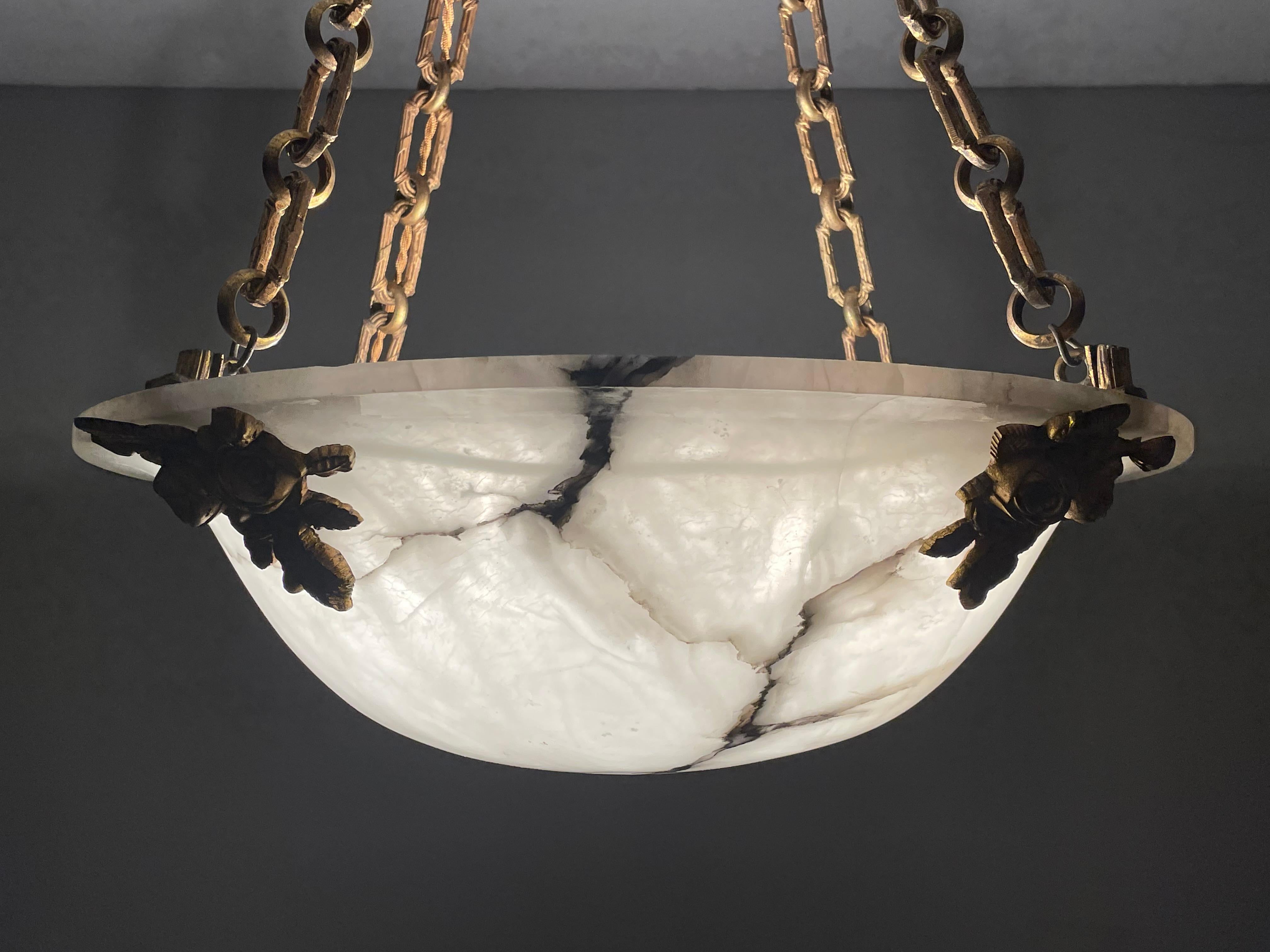 Antique Large 4 Light Alabaster & Gilt Bronze Chains & Roses Pendant Chandelier 11