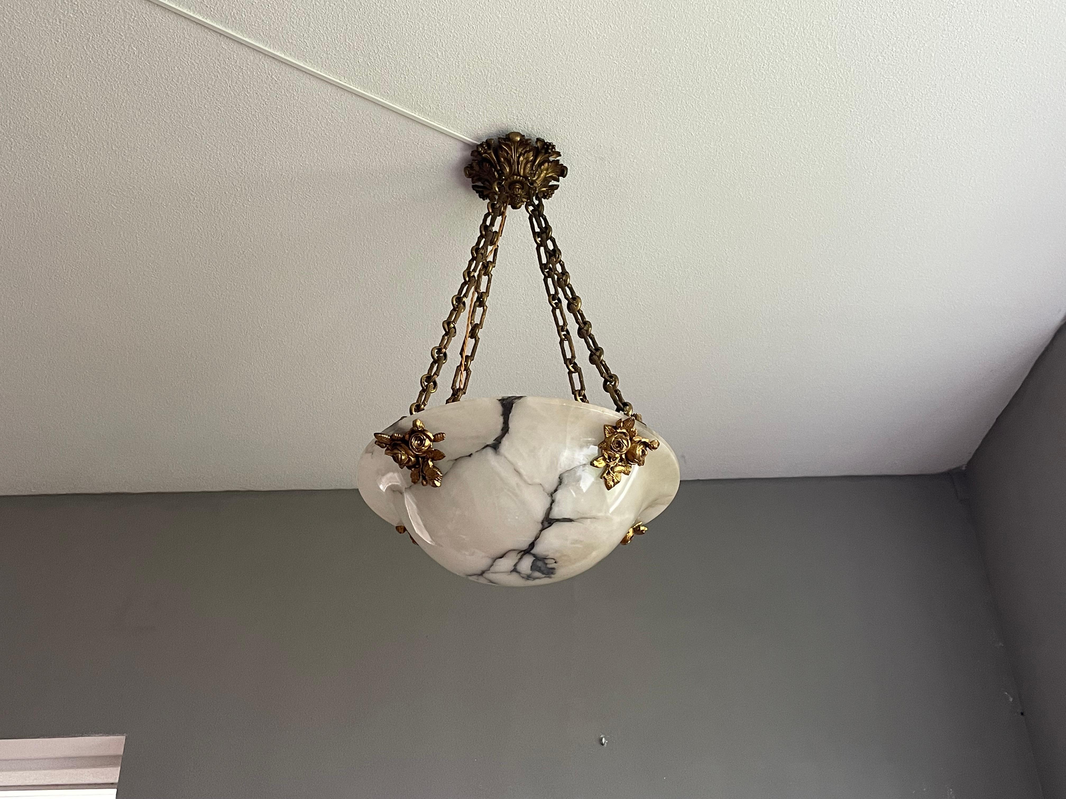 Antique Large 4 Light Alabaster & Gilt Bronze Chains & Roses Pendant Chandelier 12