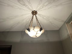 Antique Large 4 Light Alabaster & Gilt Bronze Chains & Roses Pendant Chandelier