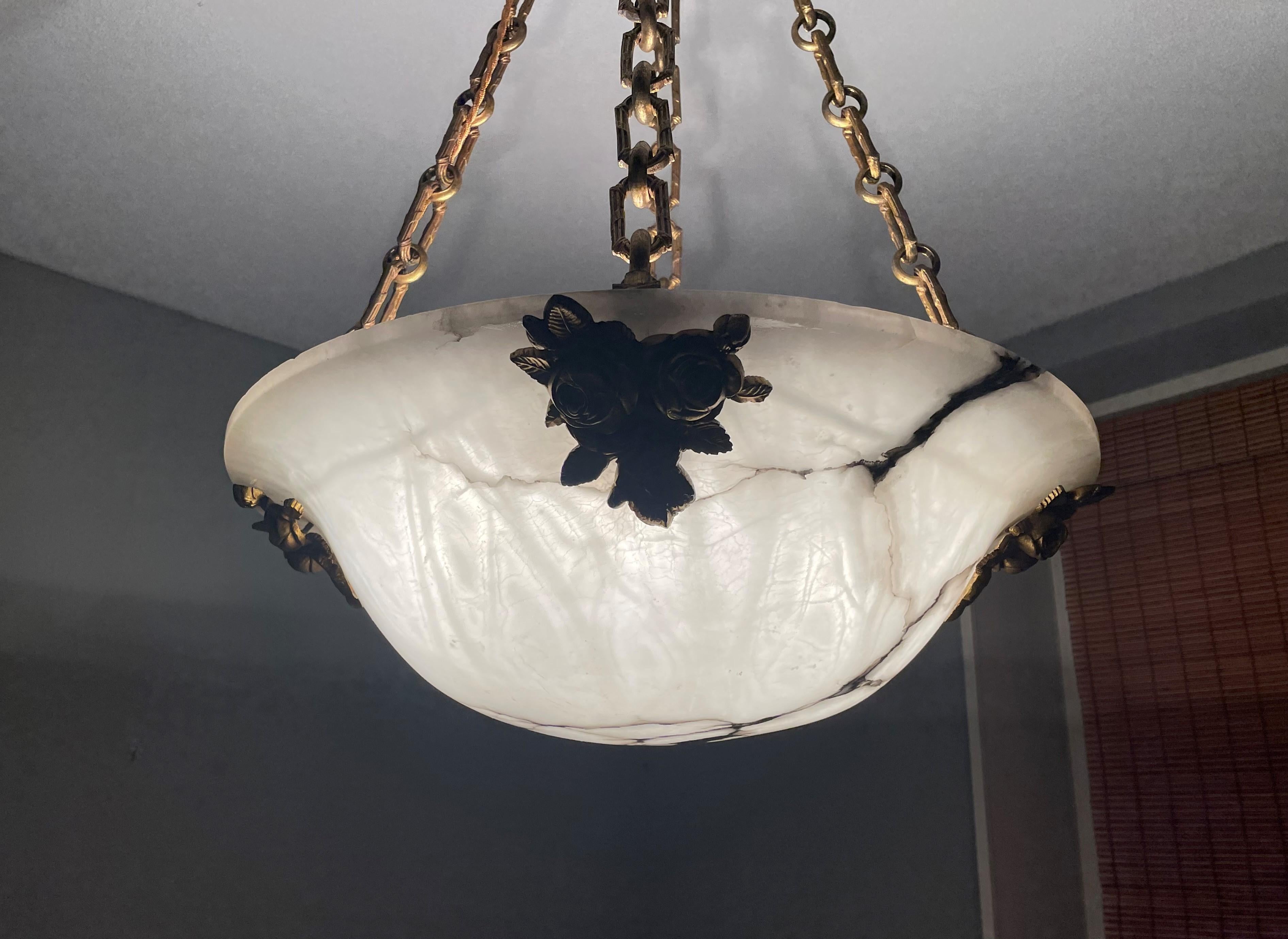Antique Large 4 Light Alabaster & Gilt Bronze Chains & Roses Pendant Chandelier 13