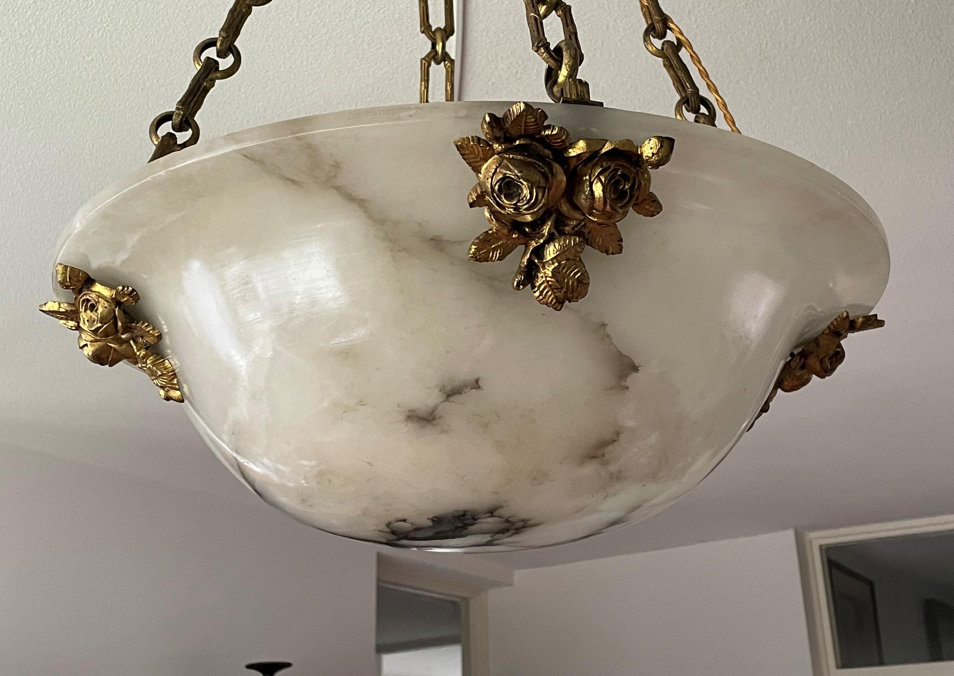 Belle Époque Antique Large 4 Light Alabaster & Gilt Bronze Chains & Roses Pendant Chandelier