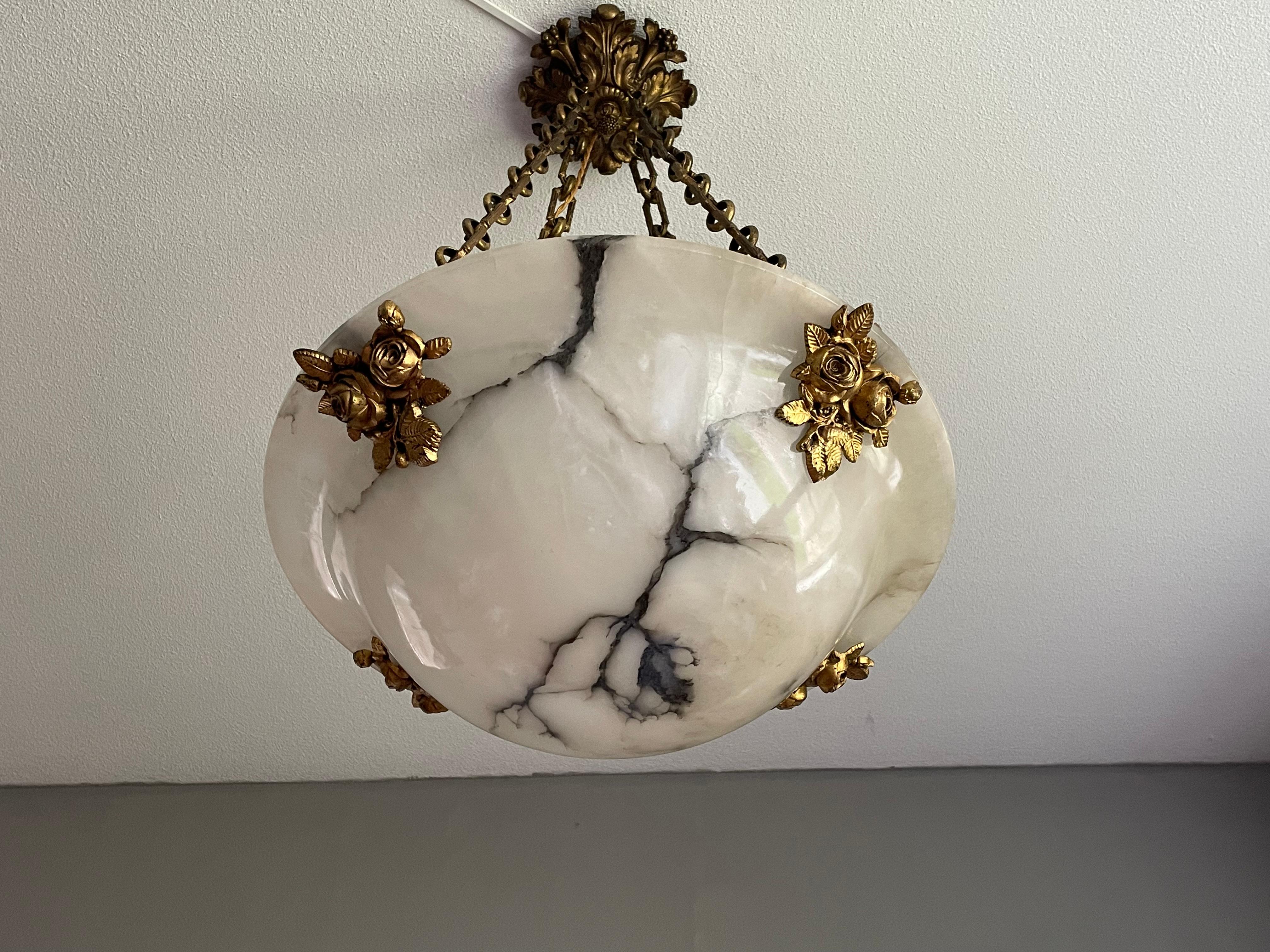 French Antique Large 4 Light Alabaster & Gilt Bronze Chains & Roses Pendant Chandelier