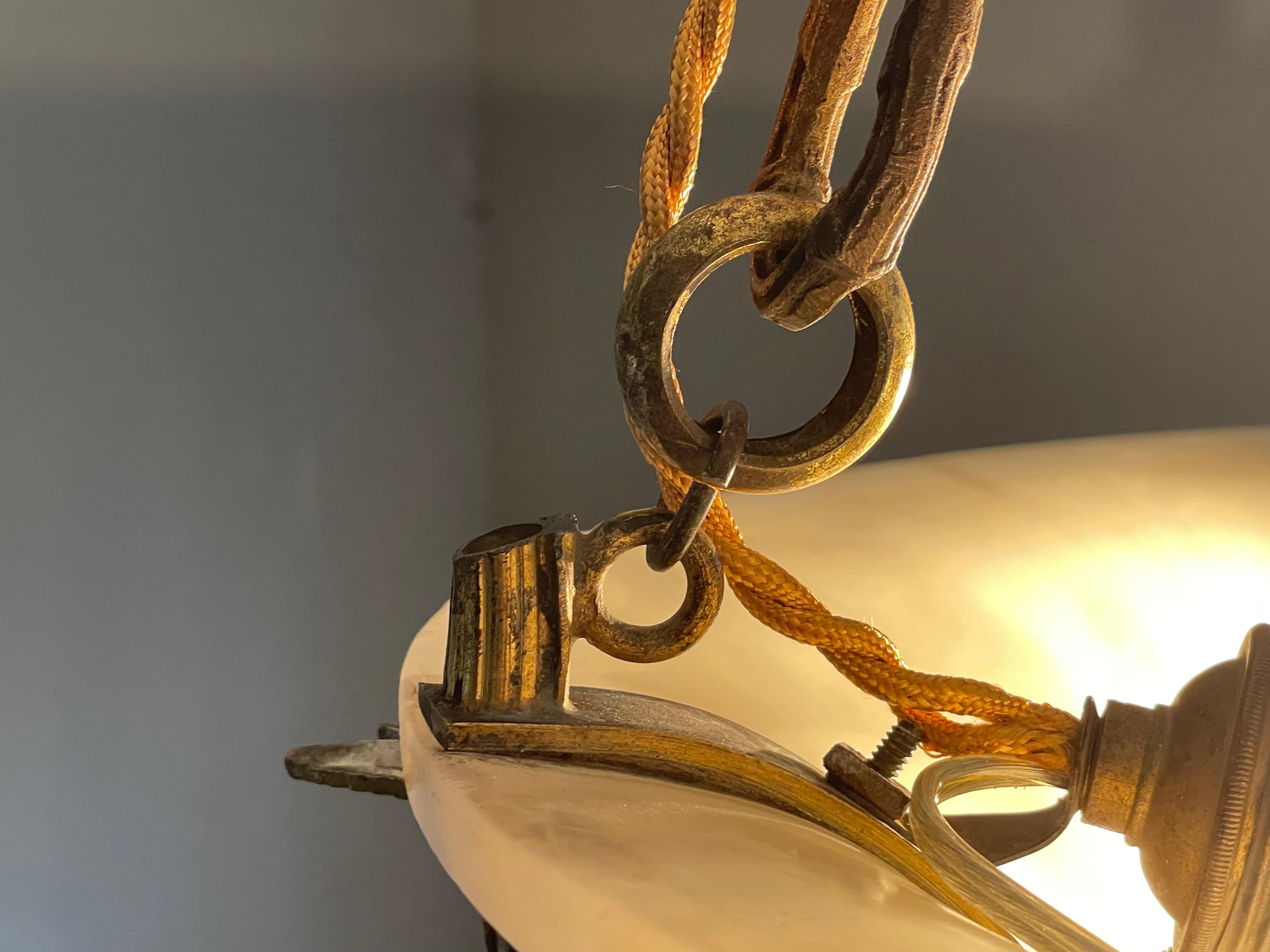 Brass Antique Large 4 Light Alabaster & Gilt Bronze Chains & Roses Pendant Chandelier