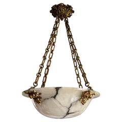 Antique Large 4 Light Alabaster & Gilt Bronze Chains & Roses Pendant Chandelier