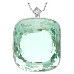 Antique Large 71.50 Carat Cushion Cut Aquamarine Pendant in Platinum