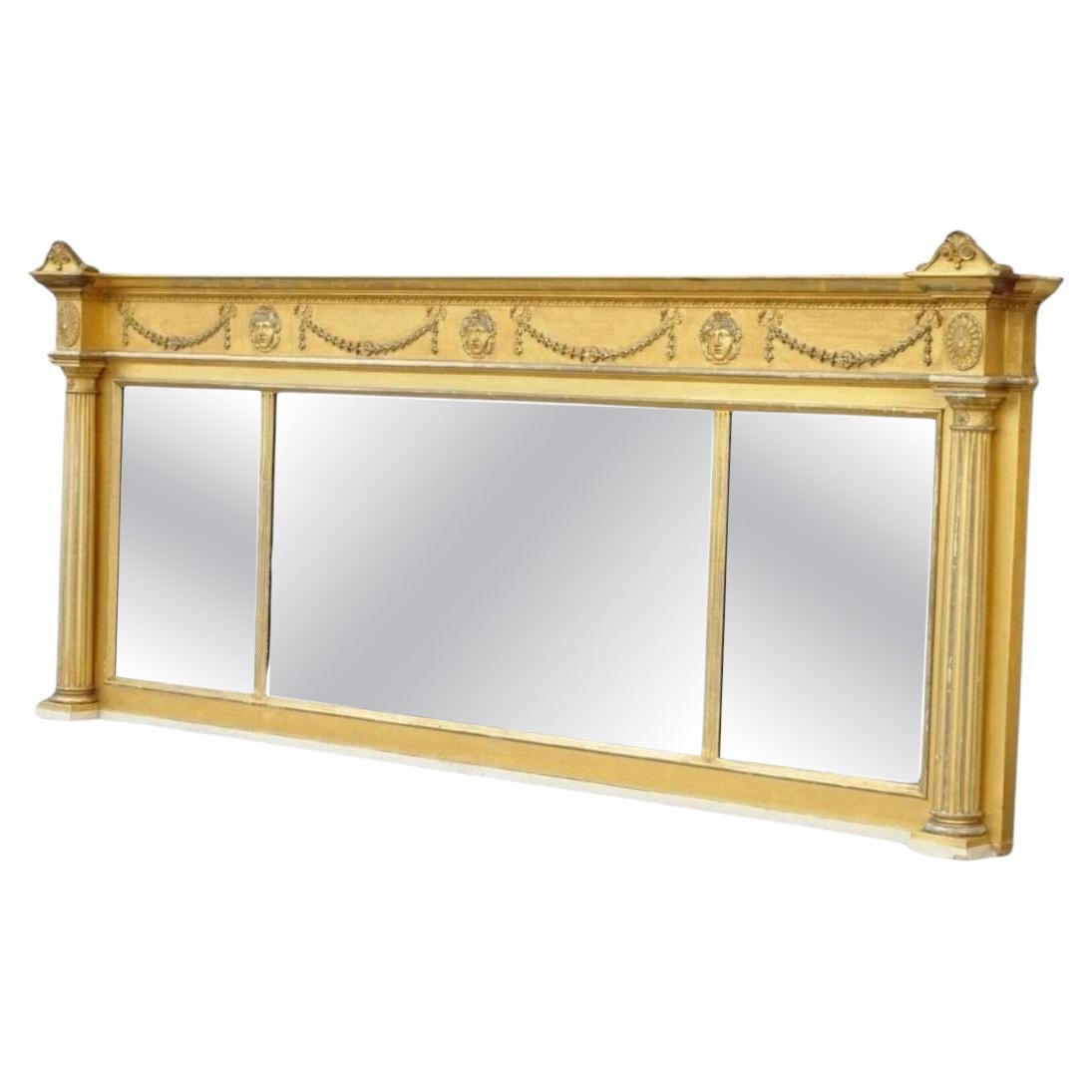 Antique Large 83" Victorian Gold Giltwood Figural Triple Overmantle Mirror en vente